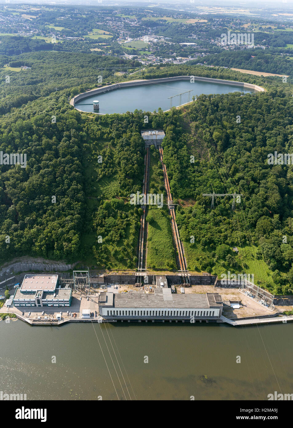 Pumpspeicherkraftwerk Koepchenwerk, Energiespeicherung, Luftaufnahme, Wasserkraftwerk, Hengsteysee, Herdecke, Luftaufnahme Stockfoto