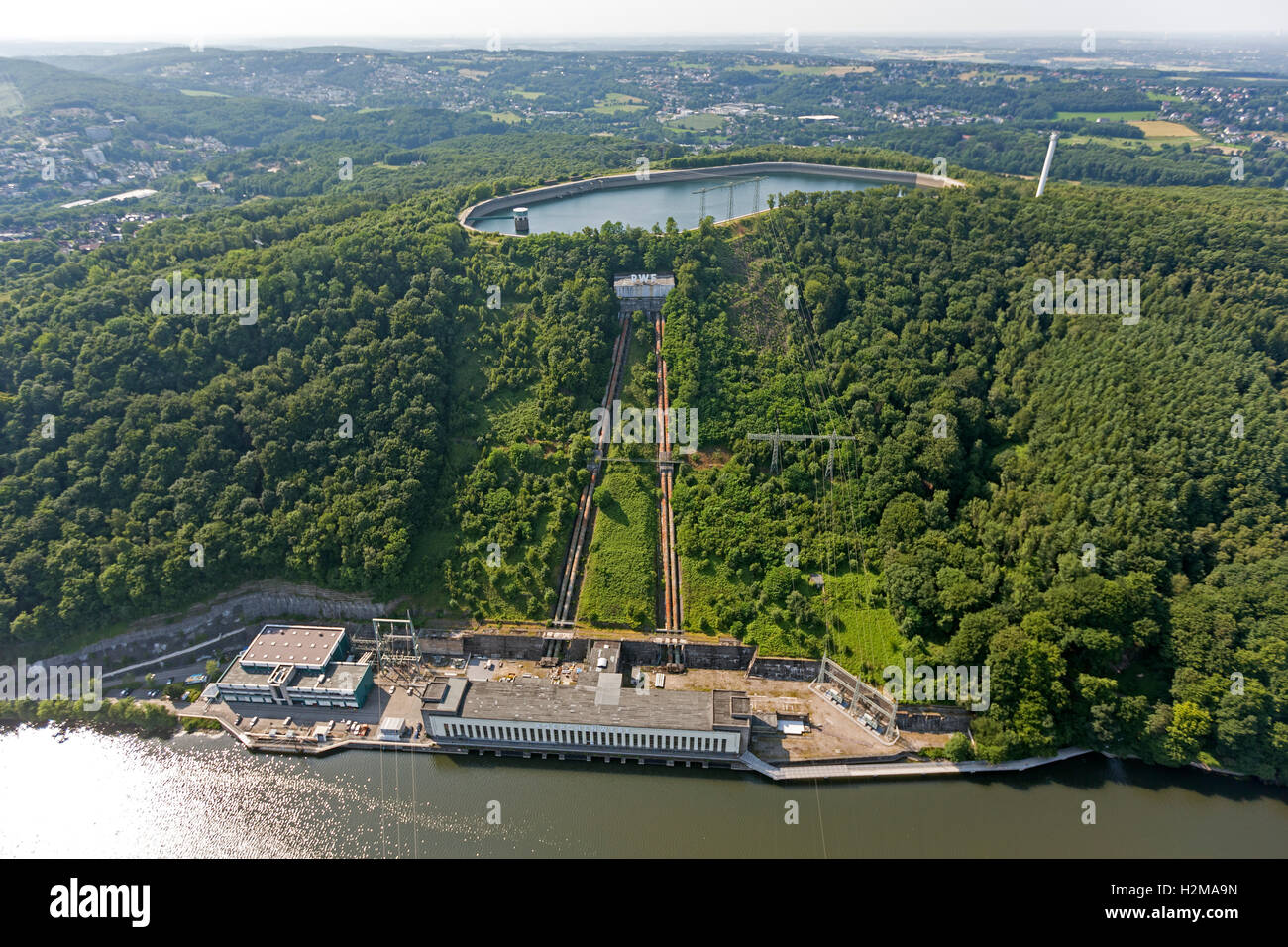 Pumpspeicherkraftwerk Koepchenwerk, Energiespeicherung, Luftaufnahme, Wasserkraftwerk, Hengsteysee, Herdecke, Luftaufnahme Stockfoto
