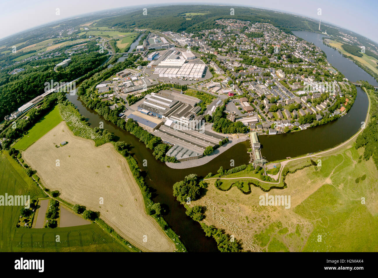 Luftbild, Ruhr River, Ruhrbogen, Stadtübersicht mit Obergraben und Harkortsee, Wetter, fisheye, Luftaufnahme Stockfoto