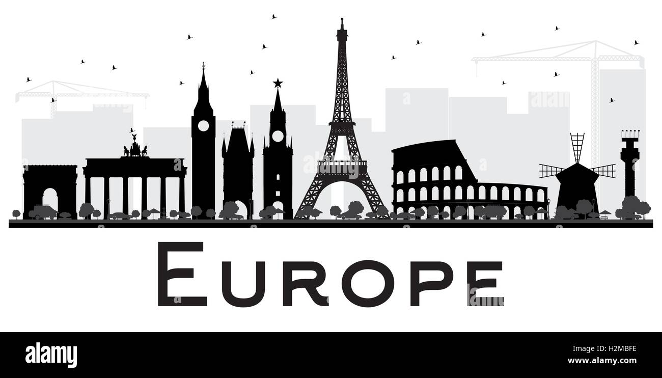 Europa Skyline Silhouette mit Sehenswürdigkeiten. Vektor-Illustration. Einfache flache Konzept für Tourismus Präsentation, Banner, Plakat Stock Vektor