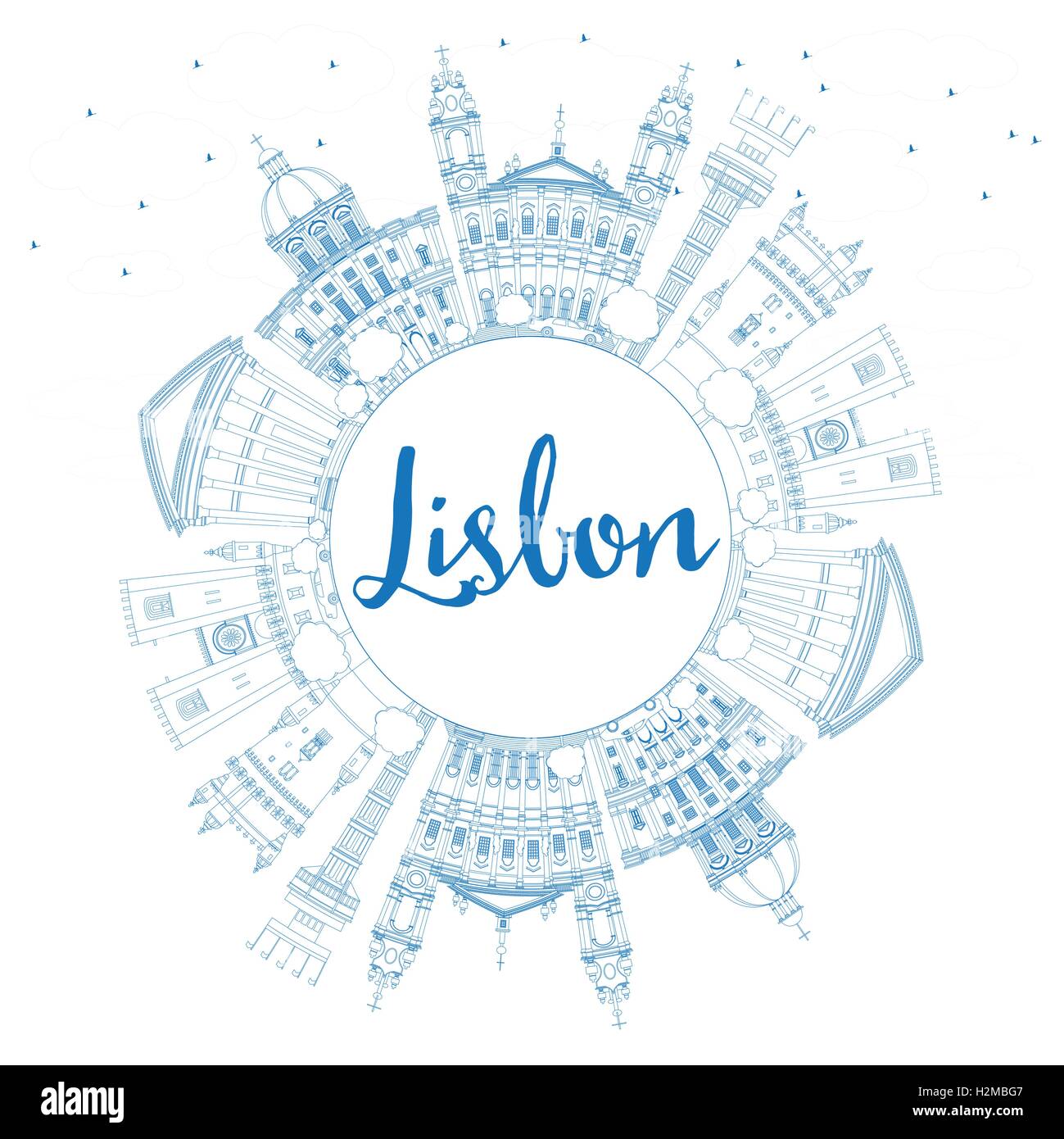 Gliederung von Lissabon mit blauen Gebäuden und textfreiraum Skyline. Vektor-Illustration. Geschäftsreisen und Tourismus-Konzept Stock Vektor