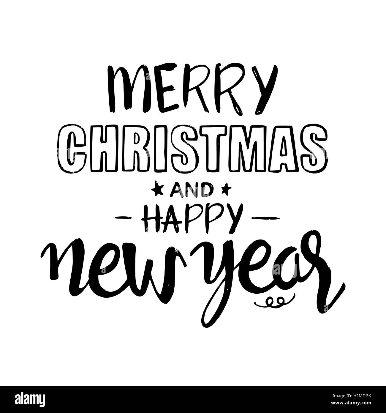 Frohe Weihnachten und happy New Year-Schriftzug. Moderne Vektor handgezeichnete Kalligraphie isoliert auf weißem Hintergrund Stock Vektor