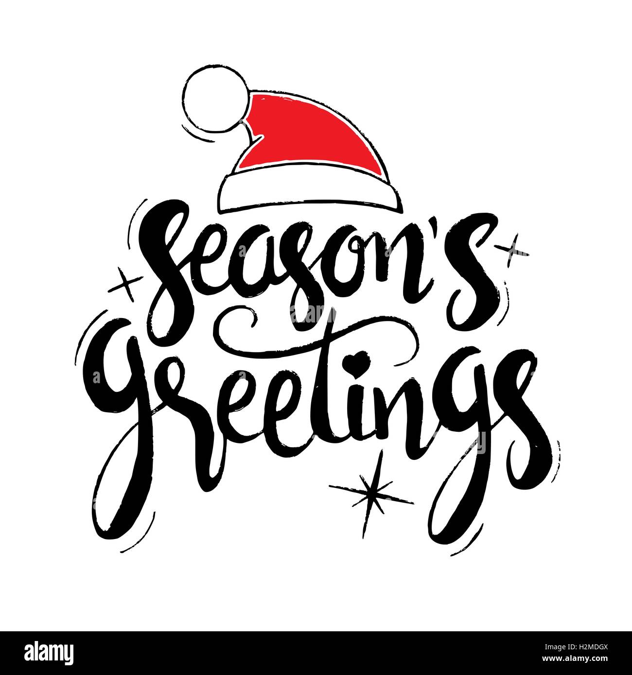 Weihnachts-und Neujahrsgrüße Schriftzug. Moderne Vektor handgezeichneten Kalligraphie mit Santa Claus roten Hut und Sterne Stock Vektor
