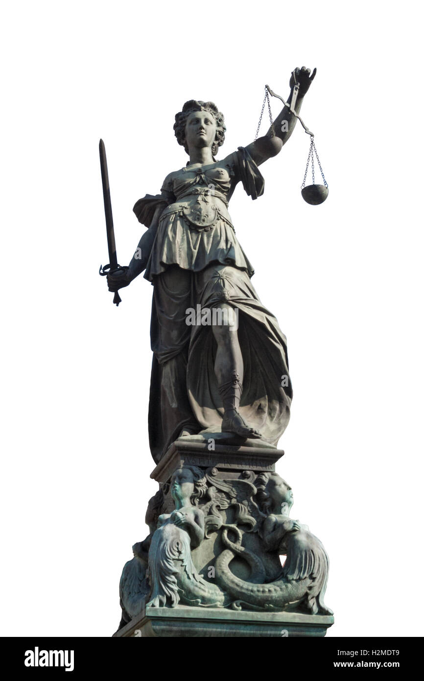isolierte Statue der Justitia in Frankfurt, Deutschland Stockfoto