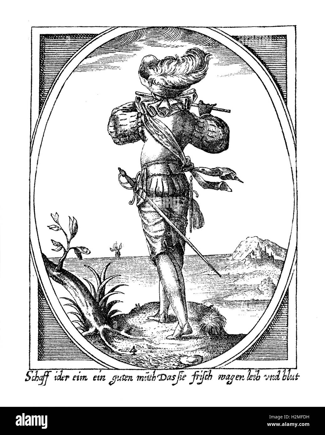 Söldner mit Schwert und Querflöte am Ende des XVII. Jh. Stockfoto