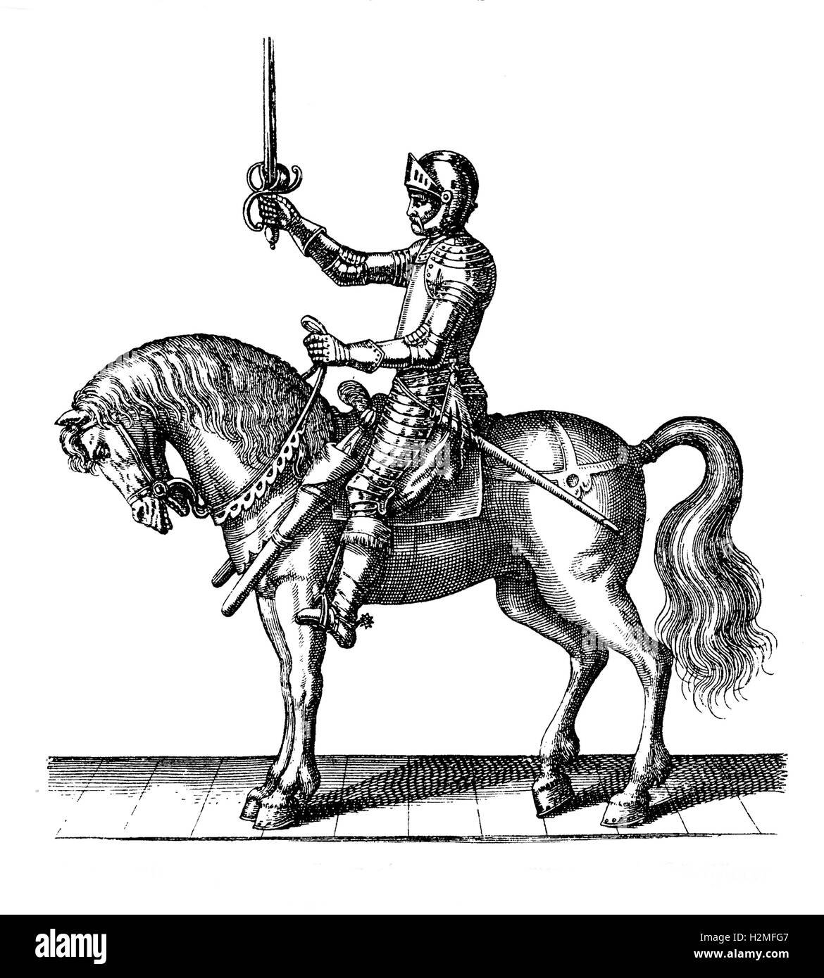 Vintage Gravur von 1616, Krieg dreißig Jahre Ritter mit Rüstung und Schwert Stockfoto