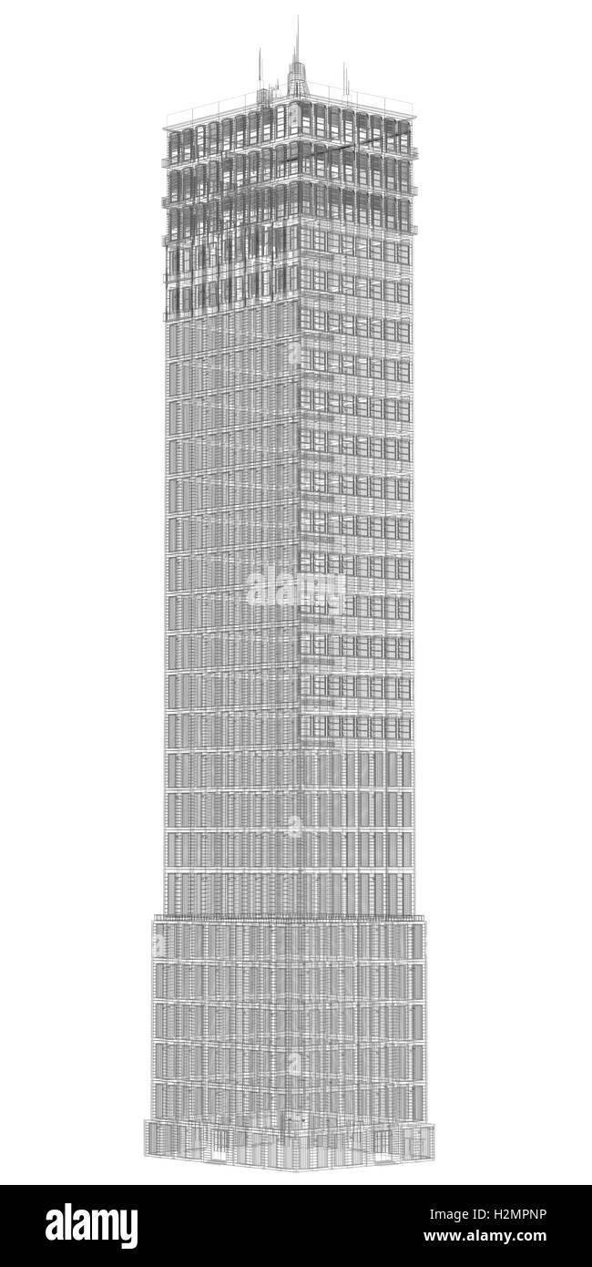 Sehr detaillierte Gebäude. Wire-Frame Rendering Stockfoto