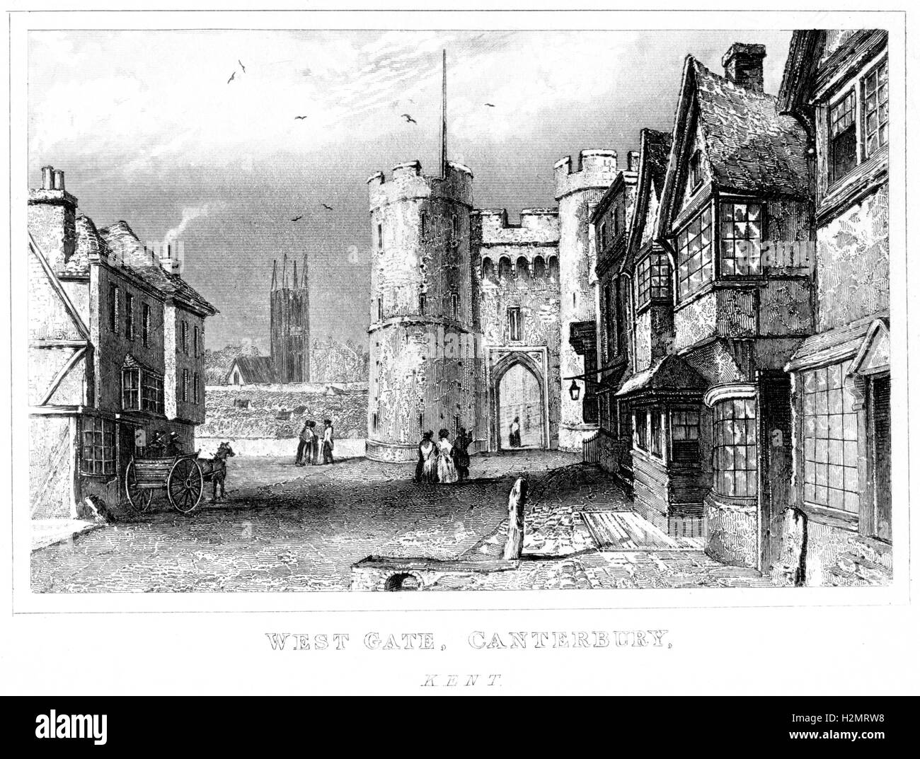 Ein Stich des West Gate, Canterbury, Kent, gescannt in hoher Auflösung aus einem Buch, das 1846 gedruckt wurde. Für urheberrechtlich frei gehalten. Stockfoto