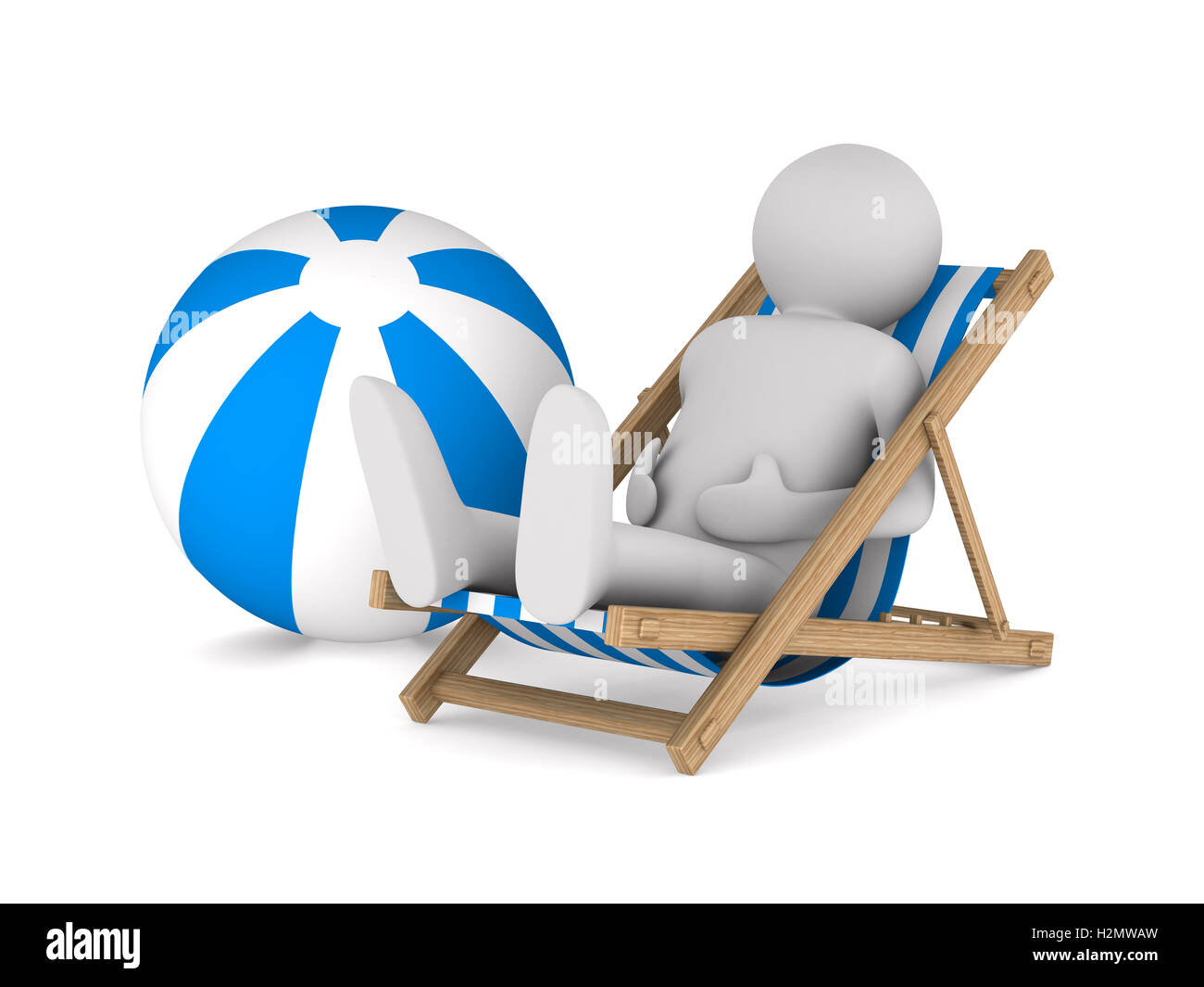 Mann auf Liegestuhl und Ball auf weißem Hintergrund. Isolierte 3D-Bild Stockfoto