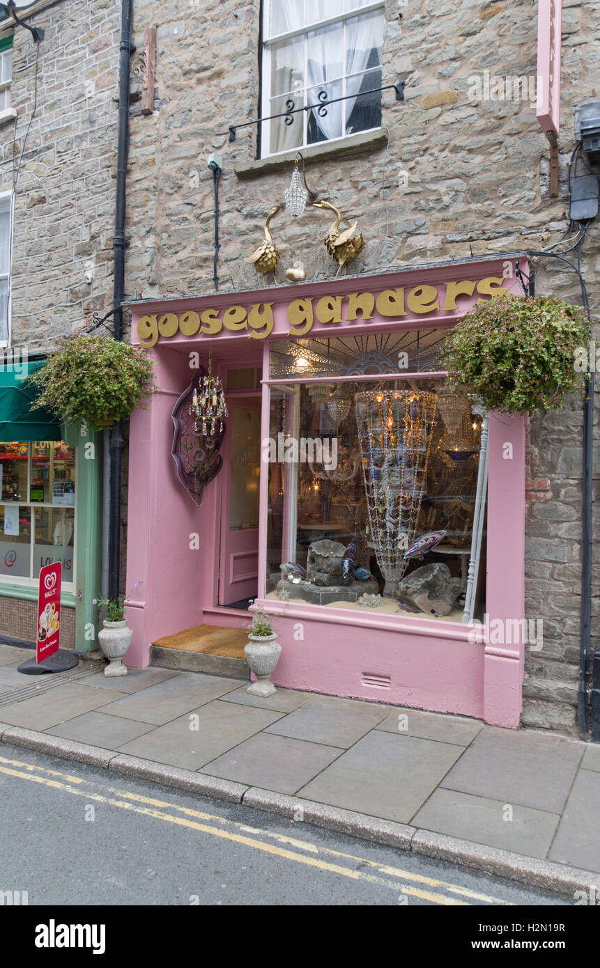 Rosa Fassade des Goosey Ganders, eine Beleuchtung und Antiquitäten zu speichern, in der Stadt von Hay On Wye. Stockfoto