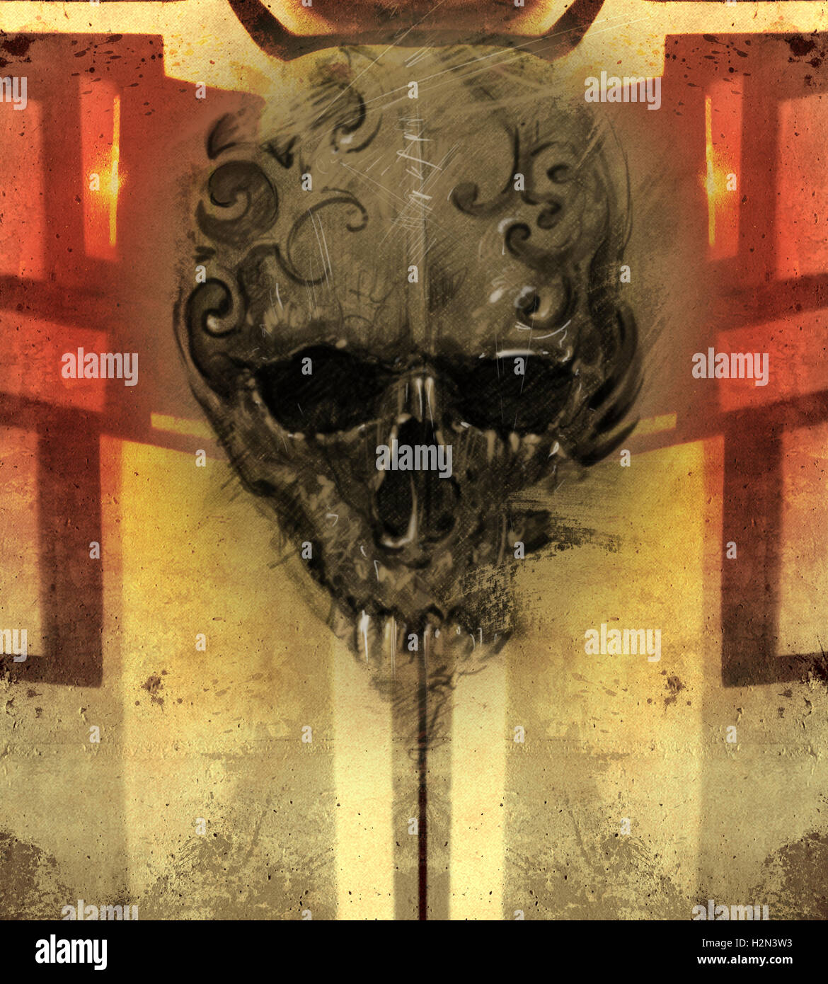 Tattoo Schädel über Vintage Wand, Design handgemacht Stockfoto