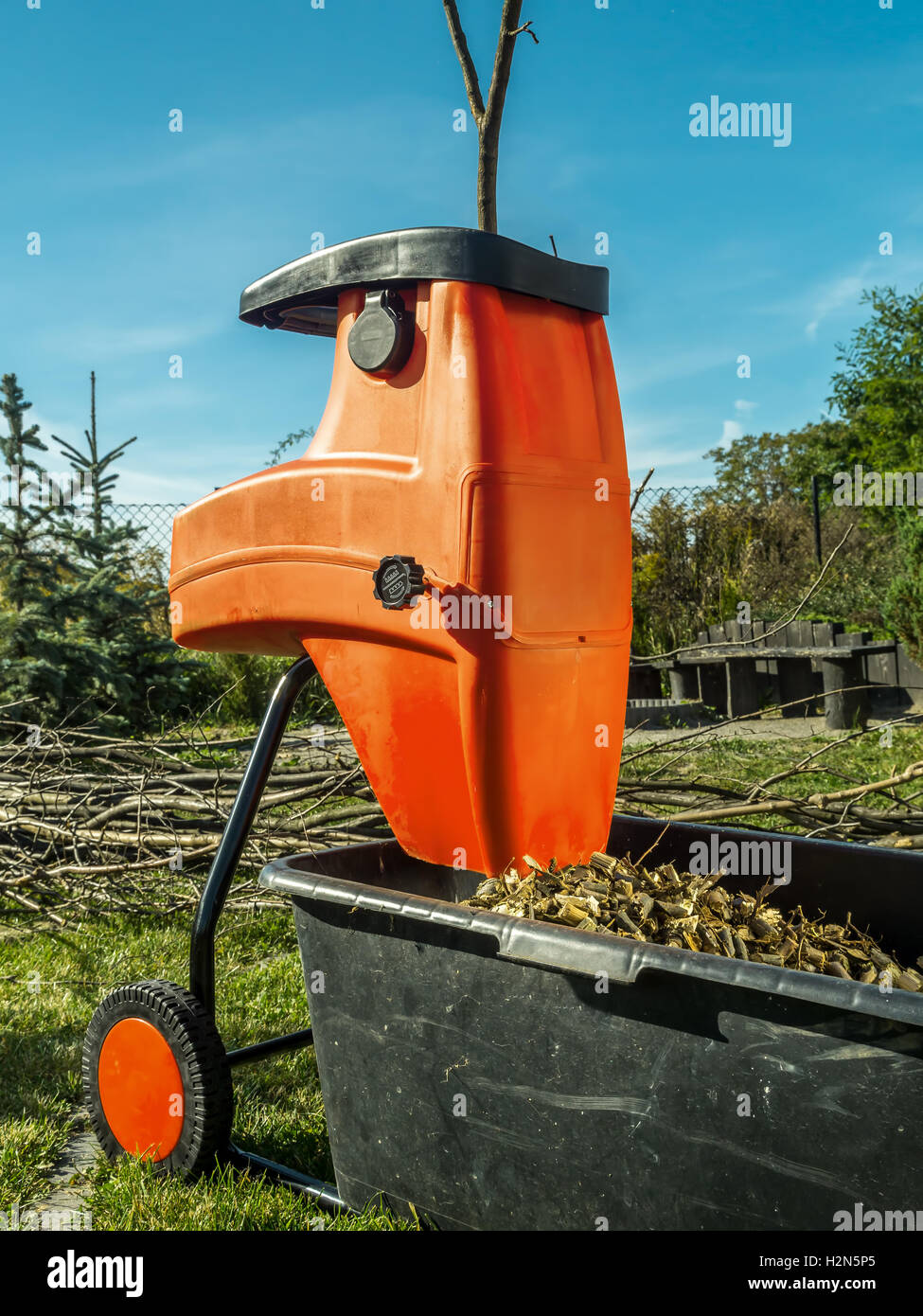 Elektro Holz Schredder mit Hackschnitzel für Garten Mulchen Stockfoto