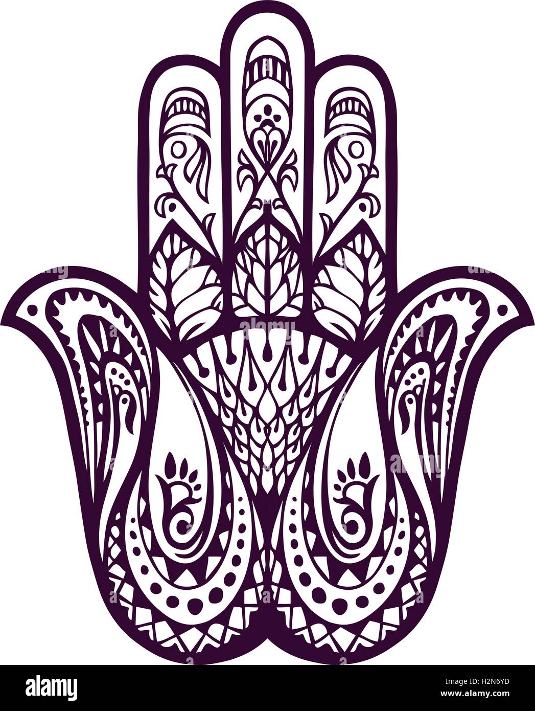 Gezeichnete Hamsa Hand oder von Fatima. Vektor-Illustration mit ethnischen und floralen Ornamenten Stock Vektor