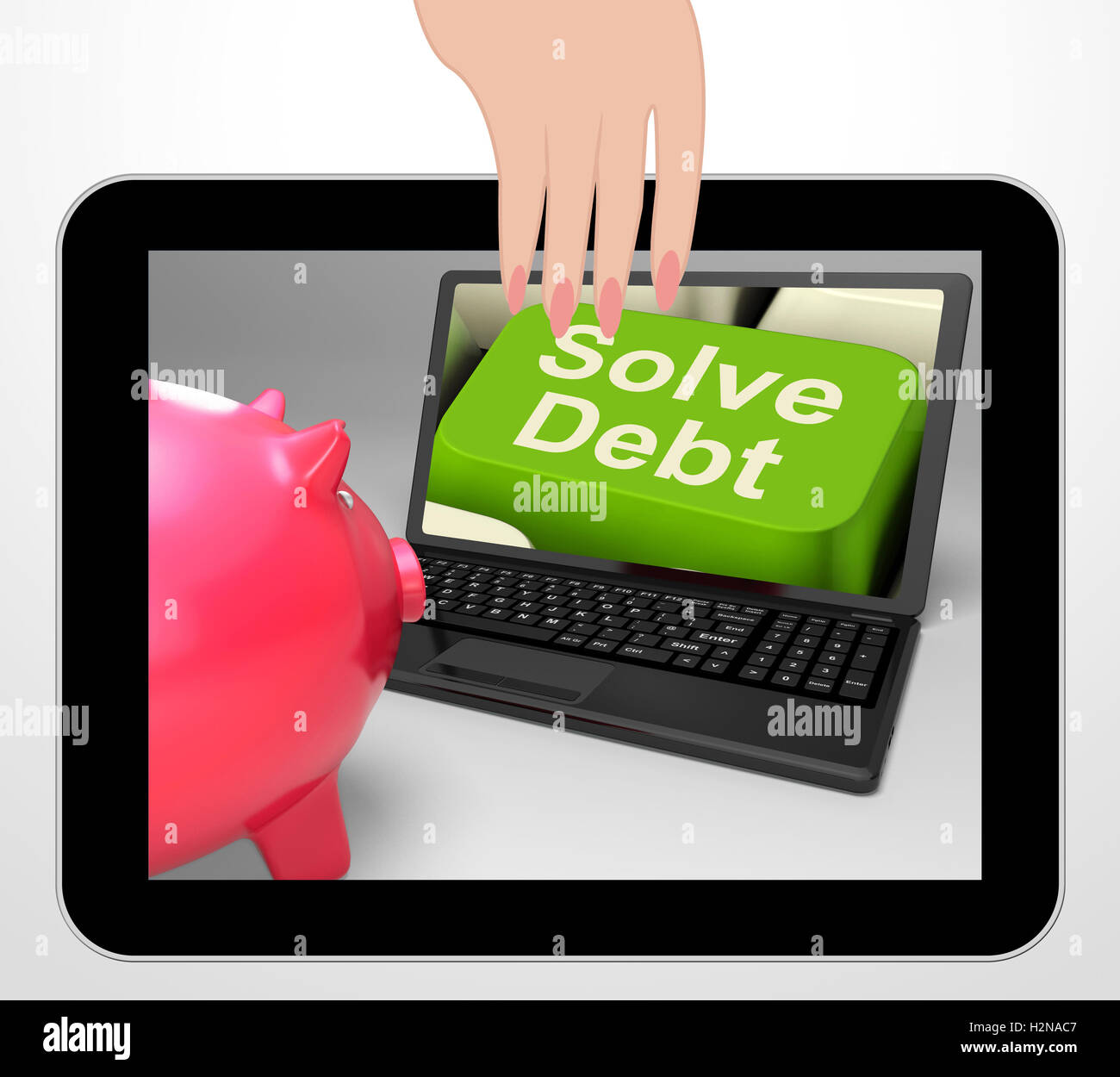 Lösen Sie Schulden-Taste anzeigen Lösungen für Geld wegen Stockfoto