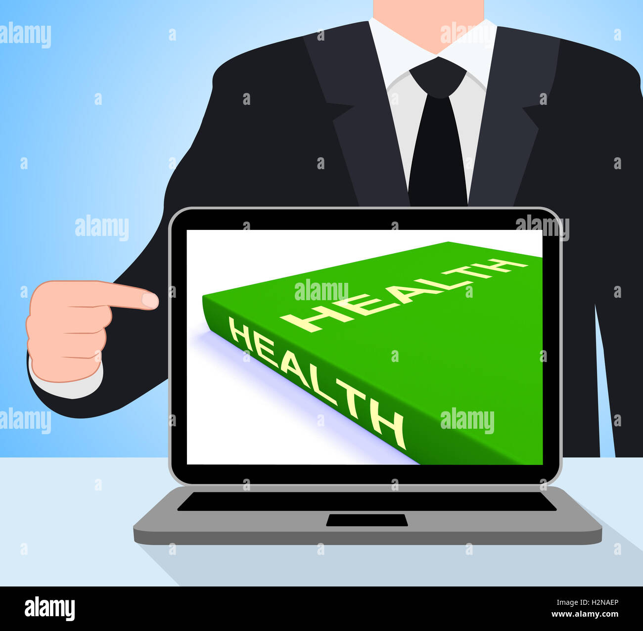 Gesundheit-Buch-Laptop zeigt Bücher über gesunde Lebensweise Stockfoto
