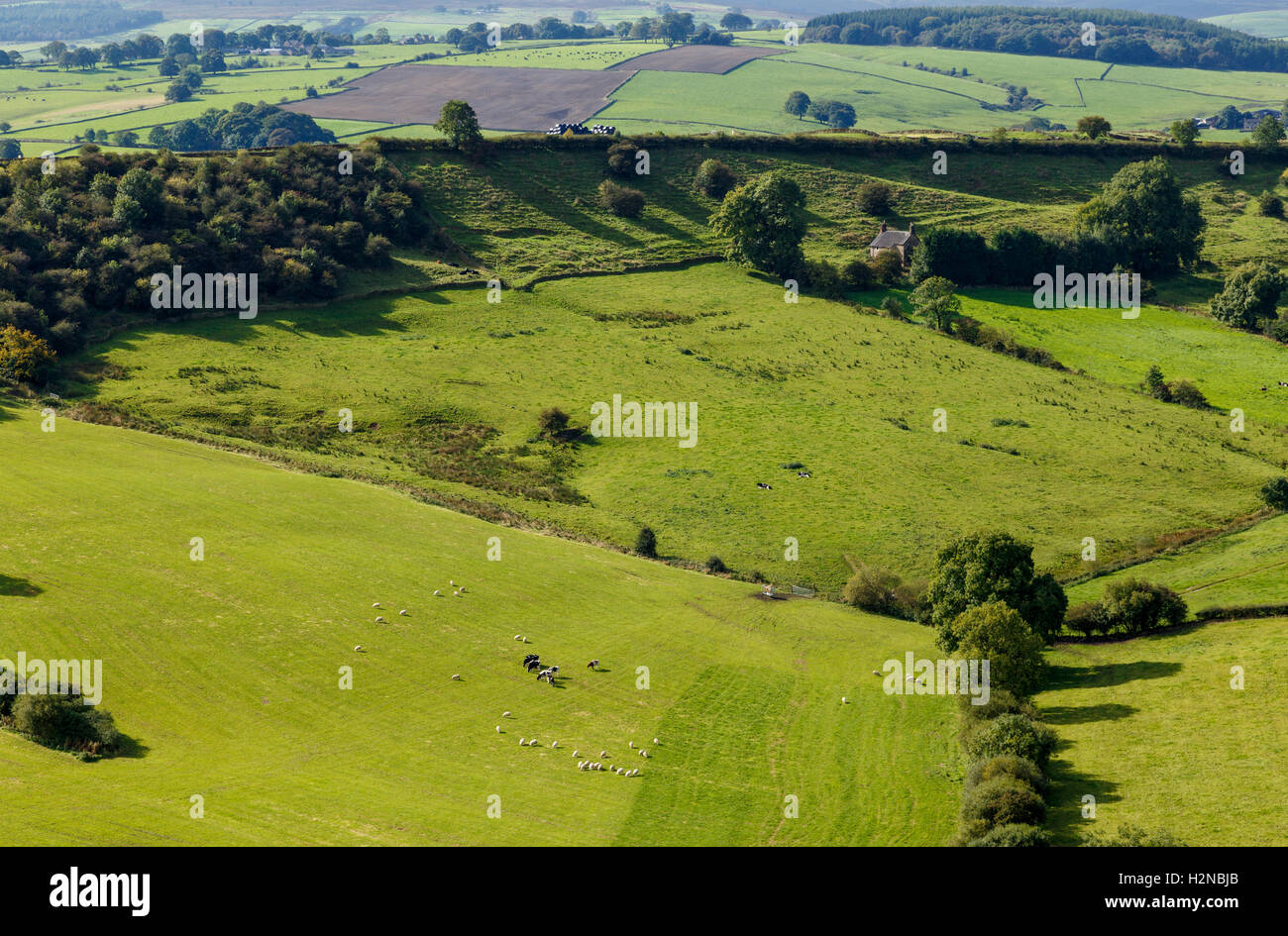 Aussicht auf Land und Fluss Dove. in crowdecote, Derbyshire, England. Am 28. September 2016 Stockfoto