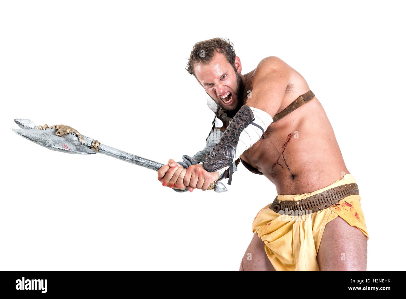 Alter Krieger oder Gladiator in einem weißen Hintergrund isoliert Stockfoto