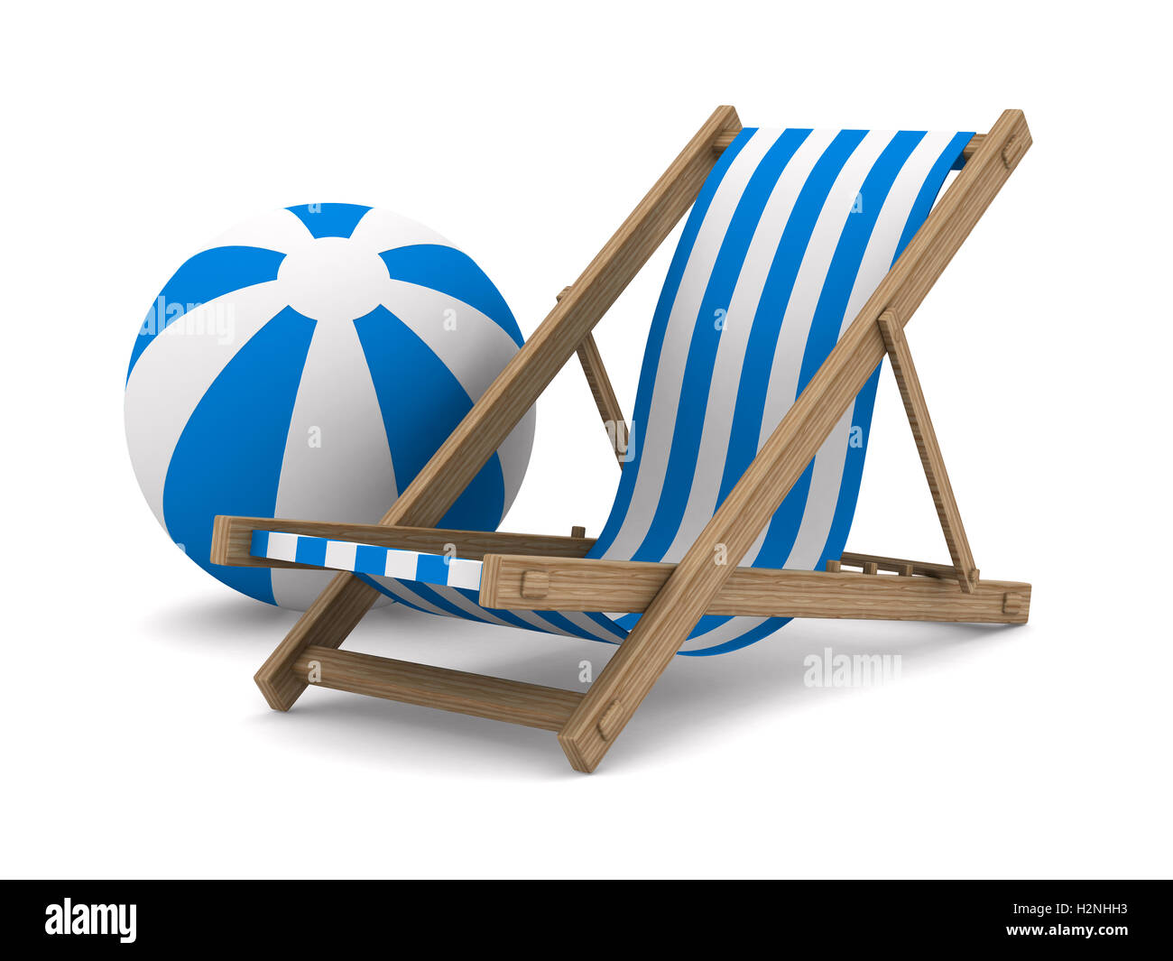 Liegestuhl und Ball auf weißem Hintergrund. Isolierte 3D-Bild Stockfoto