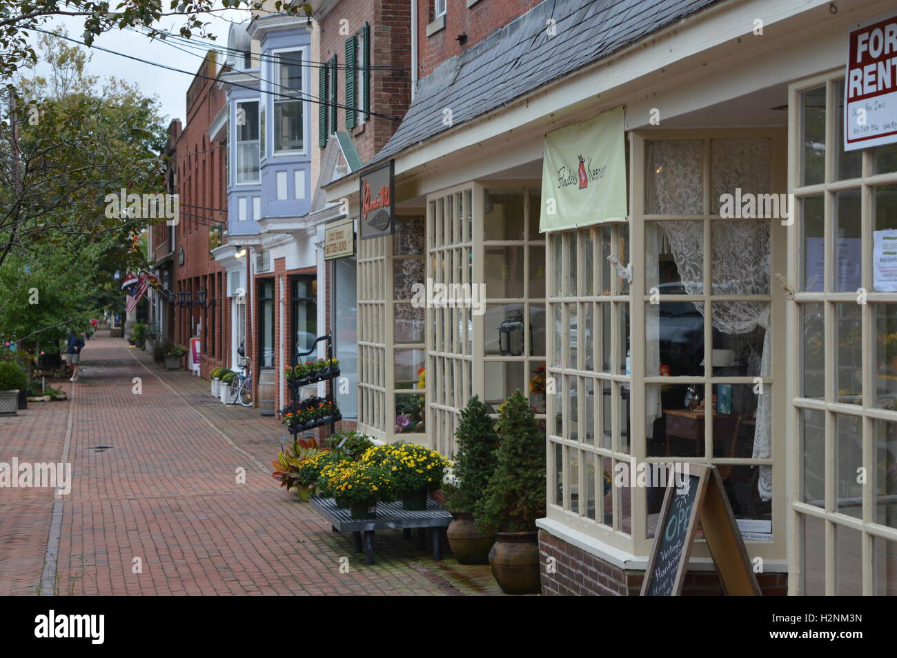 Schaufenster in der Innenstadt von Chestertown, Maryland mit Ziegelbauten mit geteilten lite Windows und Ziegel Bürgersteige. Stockfoto