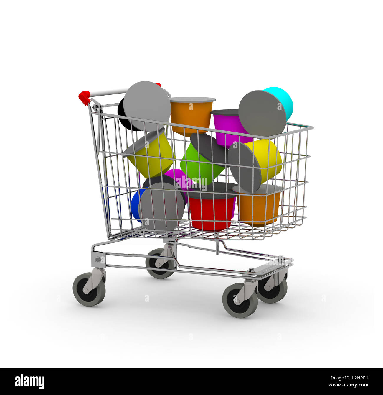 Einkaufswagen voller Kaffee-Kapsel, 3d illustration Stockfoto