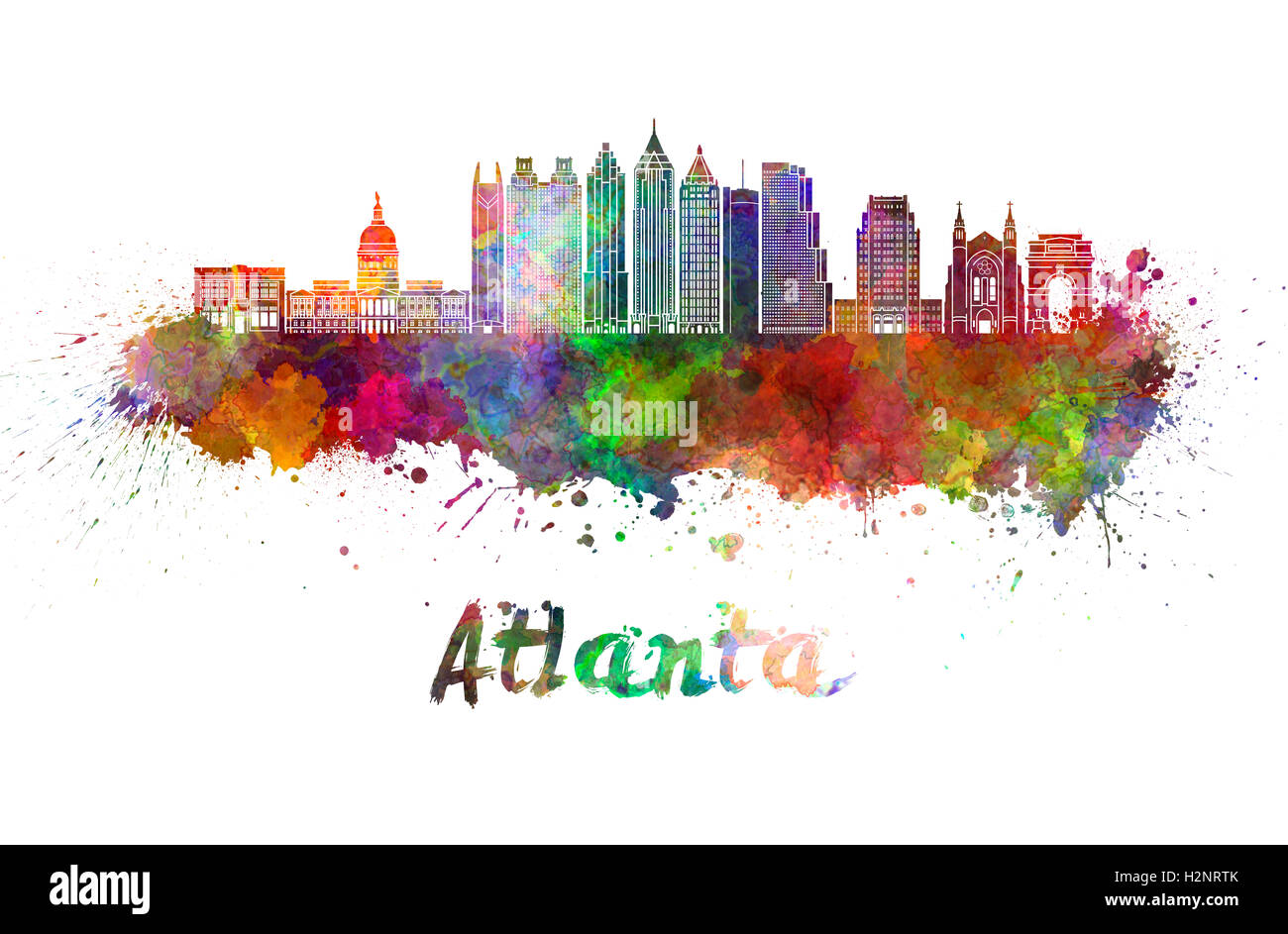 Skyline von Atlanta in Aquarell Spritzer mit Beschneidungspfad Stockfoto