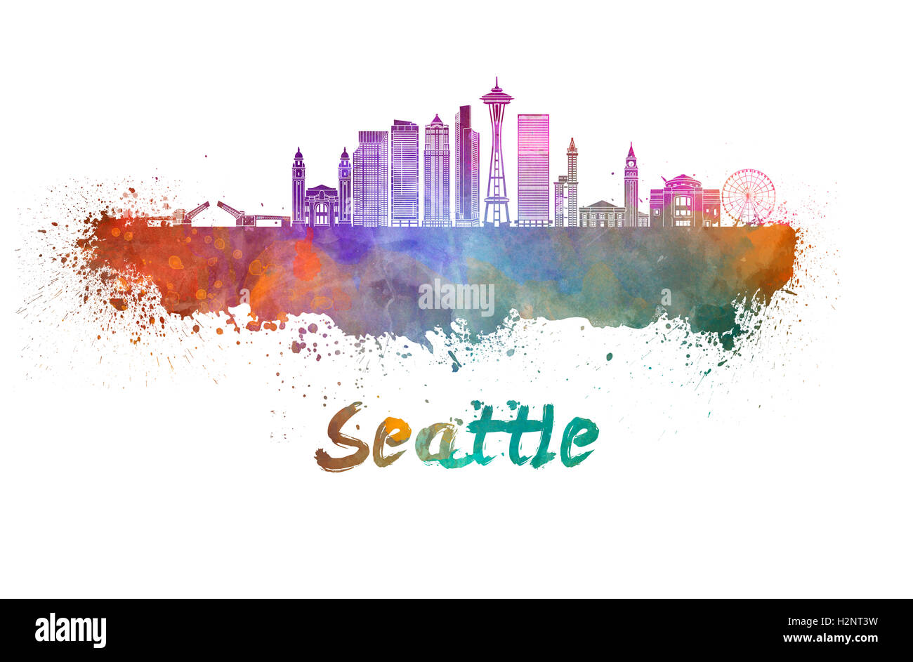 Skyline von Seattle in Aquarell Spritzer mit Beschneidungspfad Stockfoto