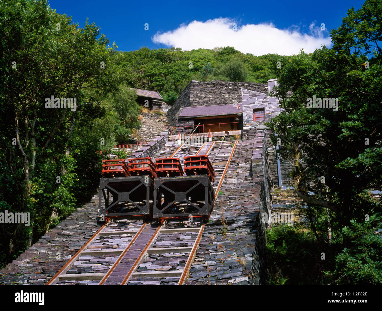 National Slate Museum, Llanberis, North Wales: Schiefer Güterwagen, Schienen, Kabel & Walze Haus auf der restaurierten V2 Steigung von Vivian Quarry. Stockfoto