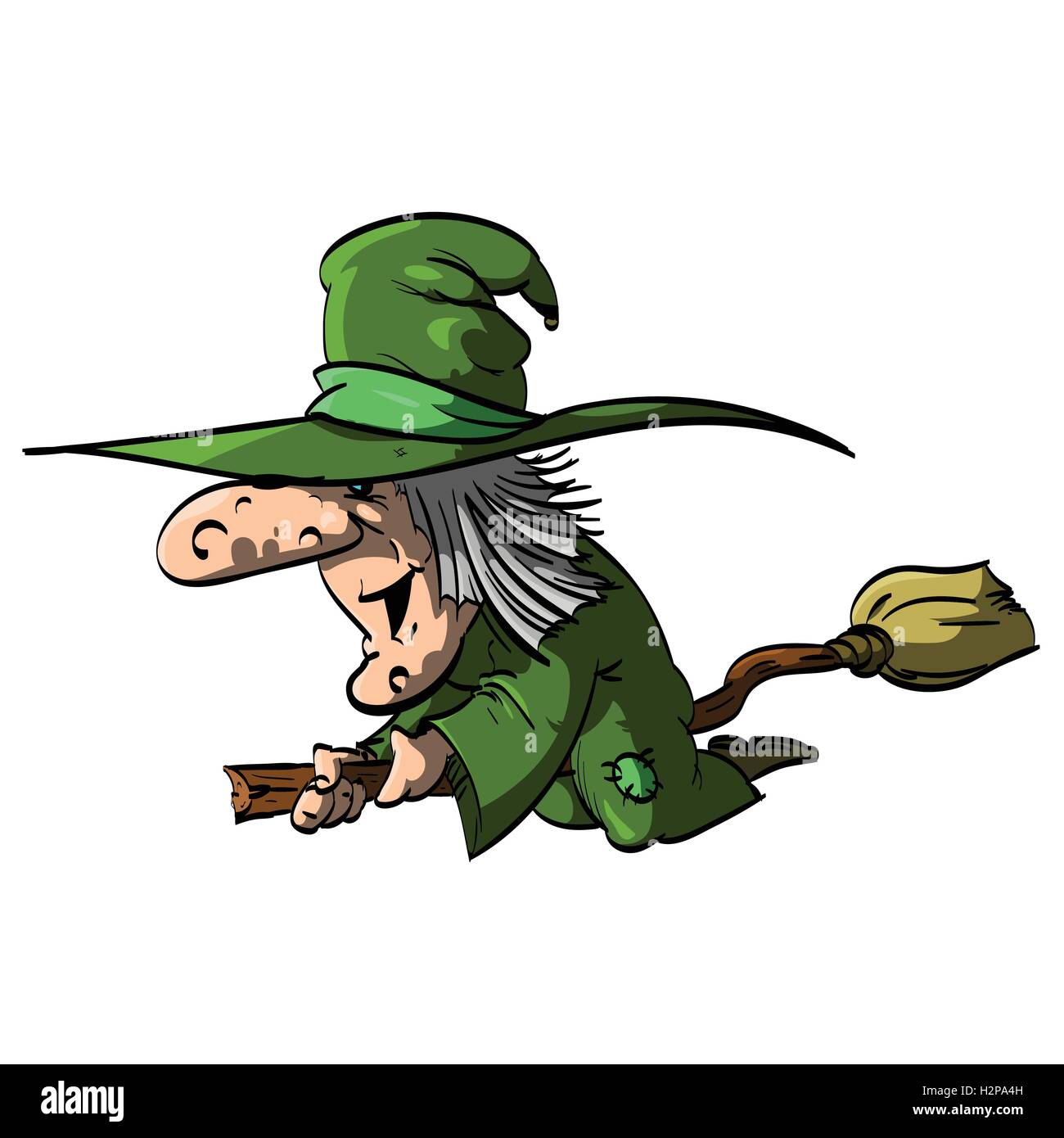 Vektor-Illustration von einem Befana oder eine Hexe fliegen auf einem Besen, mit grüne Kleidung / robe Stock Vektor