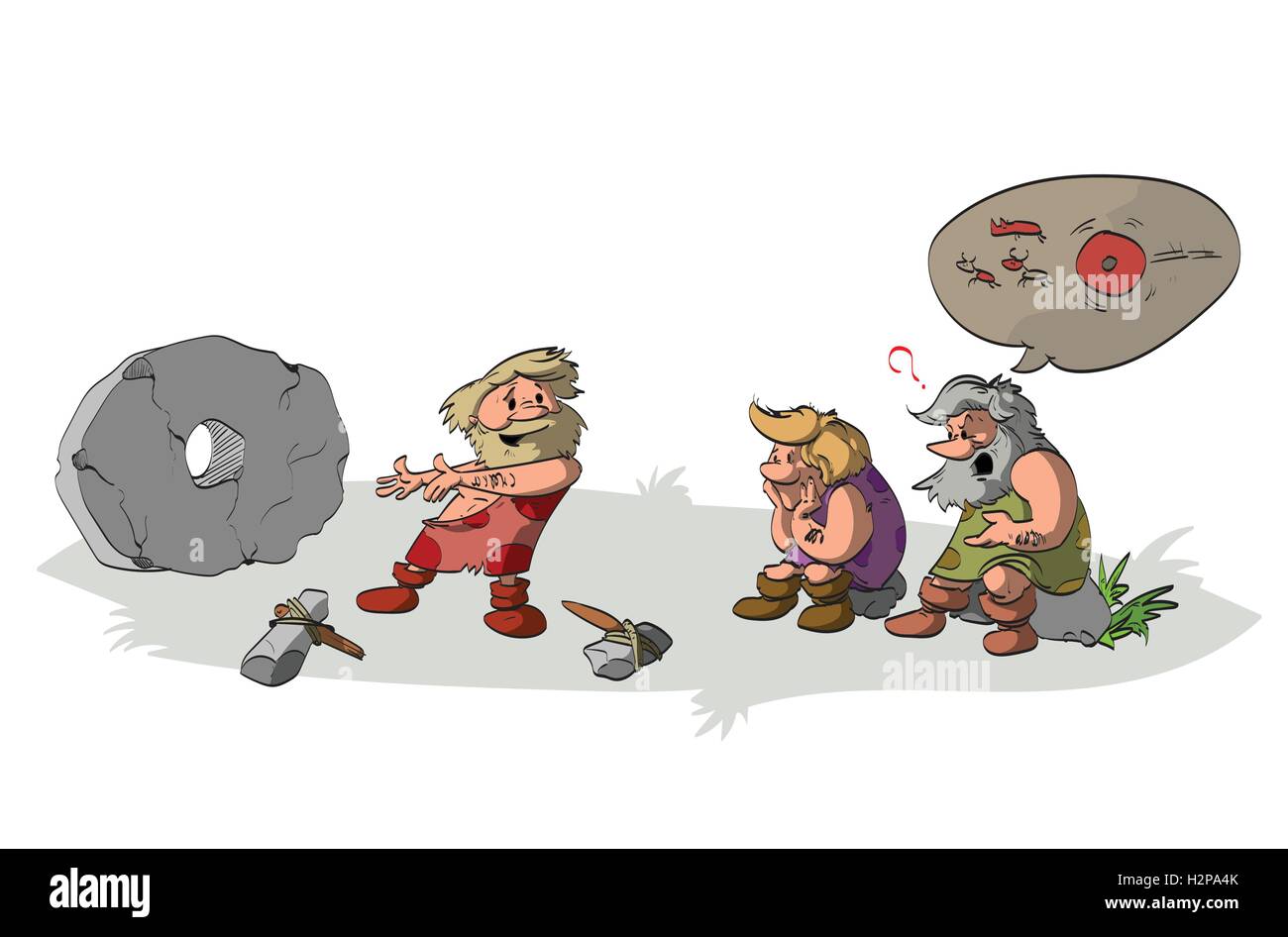 Cartoon-Vektor-Illustration von einen Cavement erfinden und präsentieren das Rad seine unwissend und dumme Stammesangehörigen, Freunde, Stock Vektor