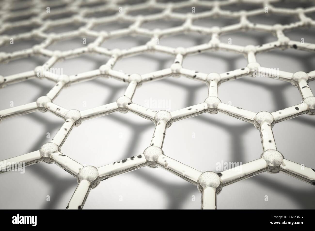 Graphen, Computer Bild. Nahaufnahme der molekularen Struktur von Graphen, eine einzelne Schicht aus Graphit. Es besteht aus Hexagonal angeordneten Kohlenstoffatomen (Kugeln) durch starke kovalente Bindungen (Stäbe) verbunden. Graphen ist sehr stark und flexibel. Stockfoto