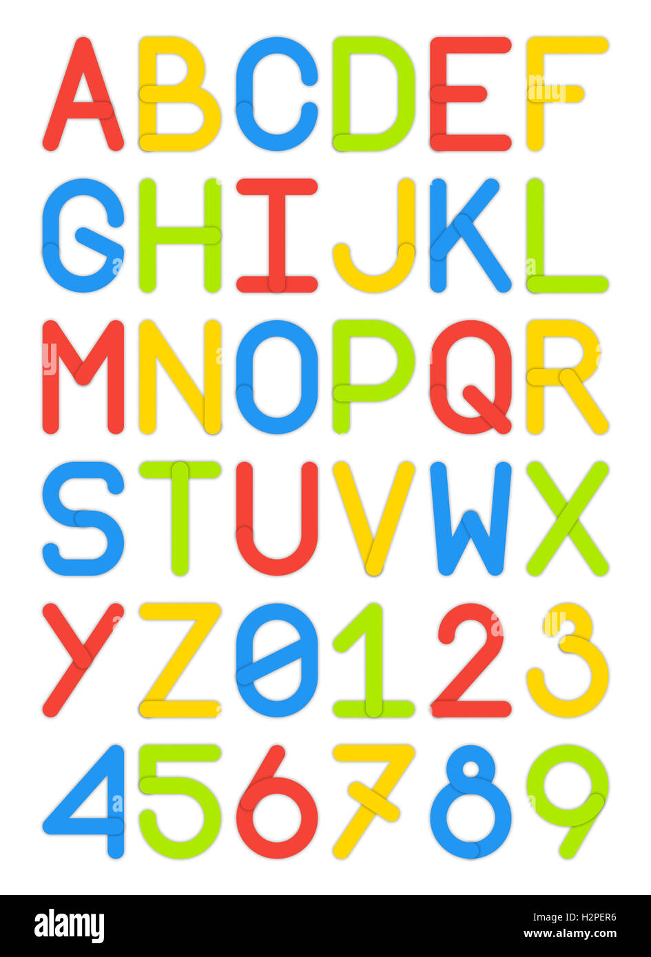 [JPEG] englische Schrift Großbuchstaben und Ziffern moderne Schriftart sans Serif bunt rot gelb blau grün illustration Stockfoto