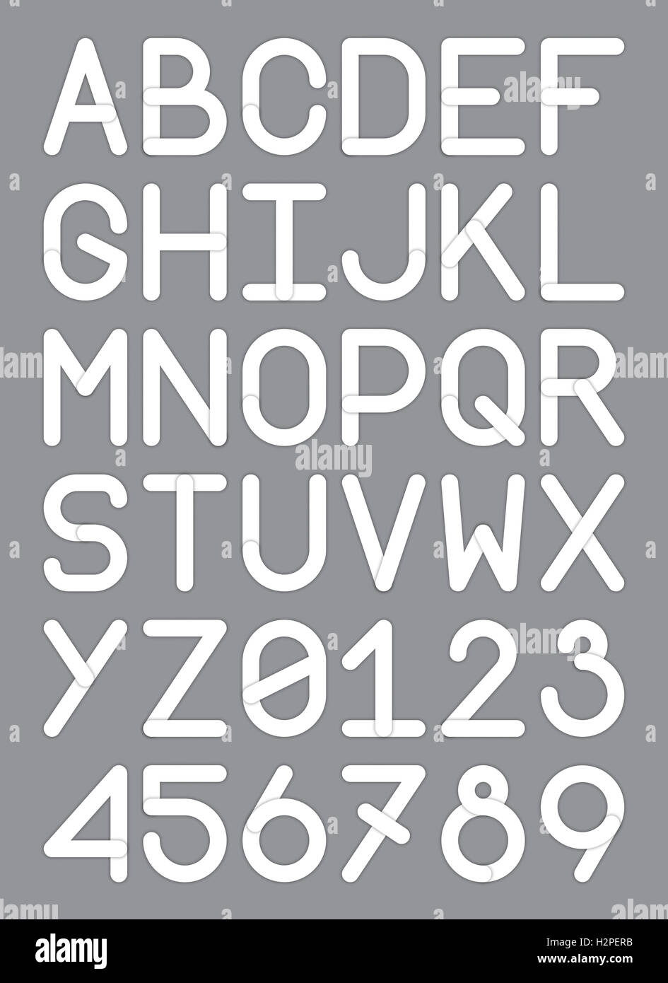 [JPEG] englische Schrift Großbuchstaben und Ziffern moderne Schriftart sans Serif weißen Abbildung Stockfoto