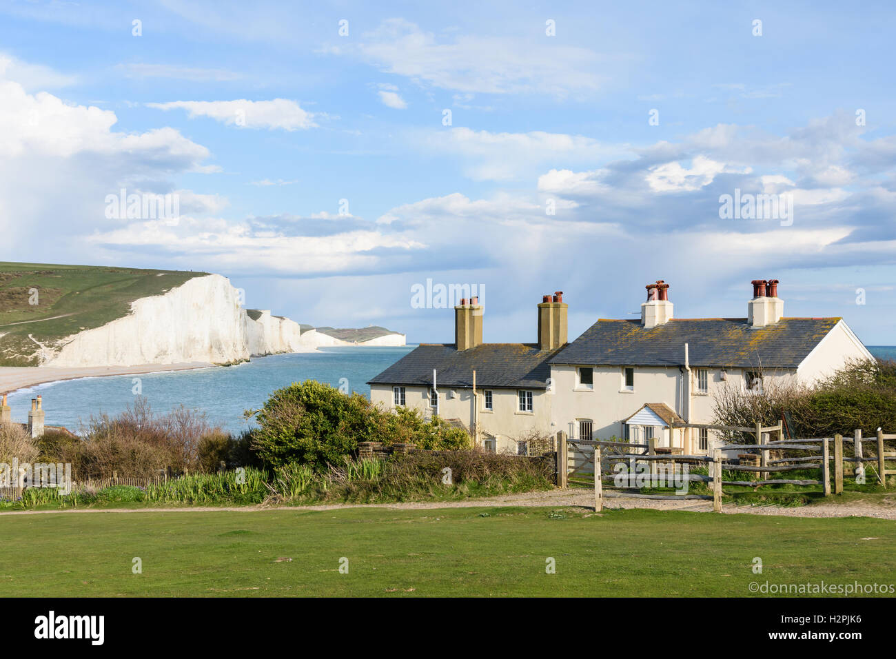 Küstenwache Cottages, Cuckmere Haven, East Sussex, England, Großbritannien Stockfoto