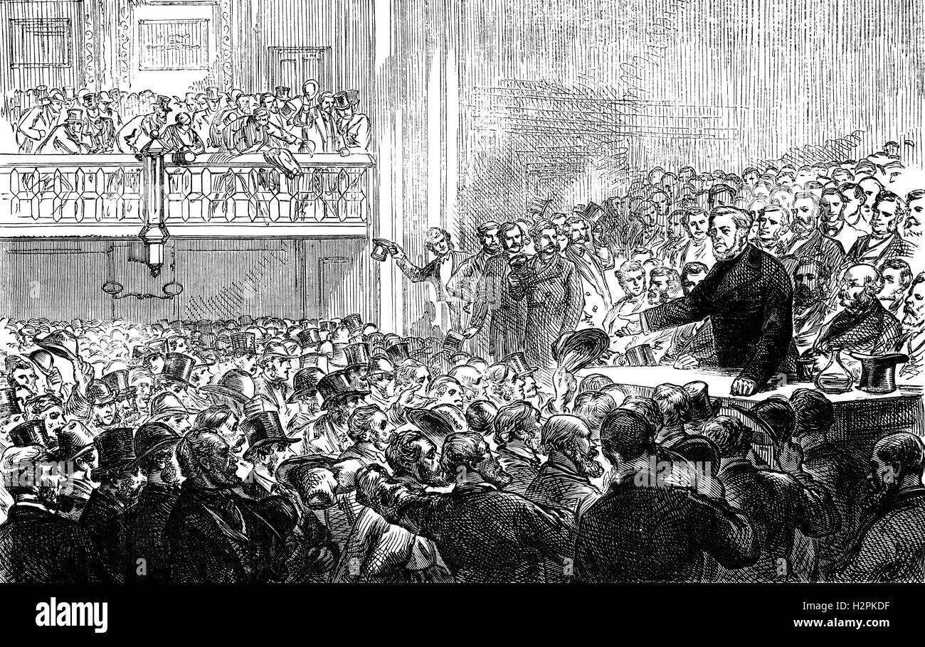 John Bright (1811 –1889), Quaker, war eine britische radikale und Liberal Staatsmann, eines der größten Redner seiner Generation, die prägte den Begriff "Mutter der Parlamente.  Er saß im House Of Commons von 1843 bis 1889, Freihandel, Wahlreform und Religionsfreiheit zu fördern.  Er gegen Gladstones vorgeschlagenen Home Rule für Irland, aber versucht, die politischen Privilegien der Anglikaner, am Ende der Church of Ireland DIS zu etablieren, und beginnen Landreform, das Land an die katholischen Bauern umdrehen würde. Stockfoto