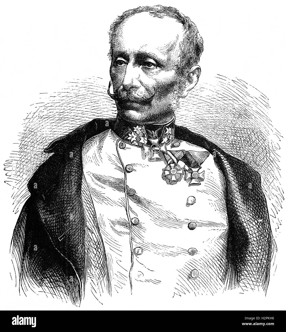 Ludwig August Ritter von Benedek (1804 – 1881) war ein österreichischer General (ungarischer Abstammung, am besten bekannt für Kommandeur der kaiserlichen Armee im Jahre 1866 in der Schlacht von Königgrätz gegen die preußische Armee. Nach einer Reihe von Fehlkalkulationen verlor er die Schlacht. Stockfoto