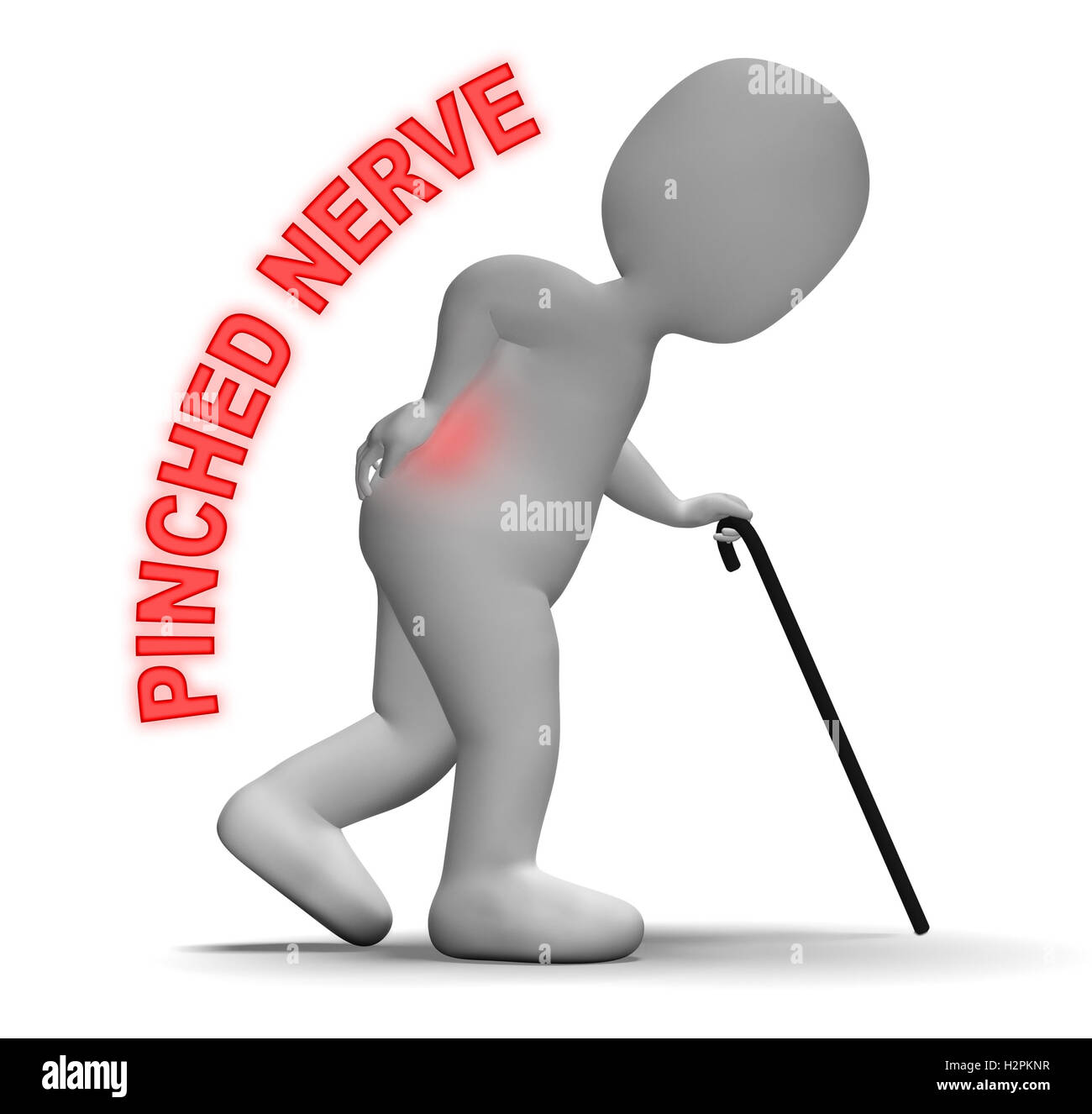 Charakter mit eingeklemmter Nerv weist Wirbelsäule Problem 3D-Rendering Stockfoto