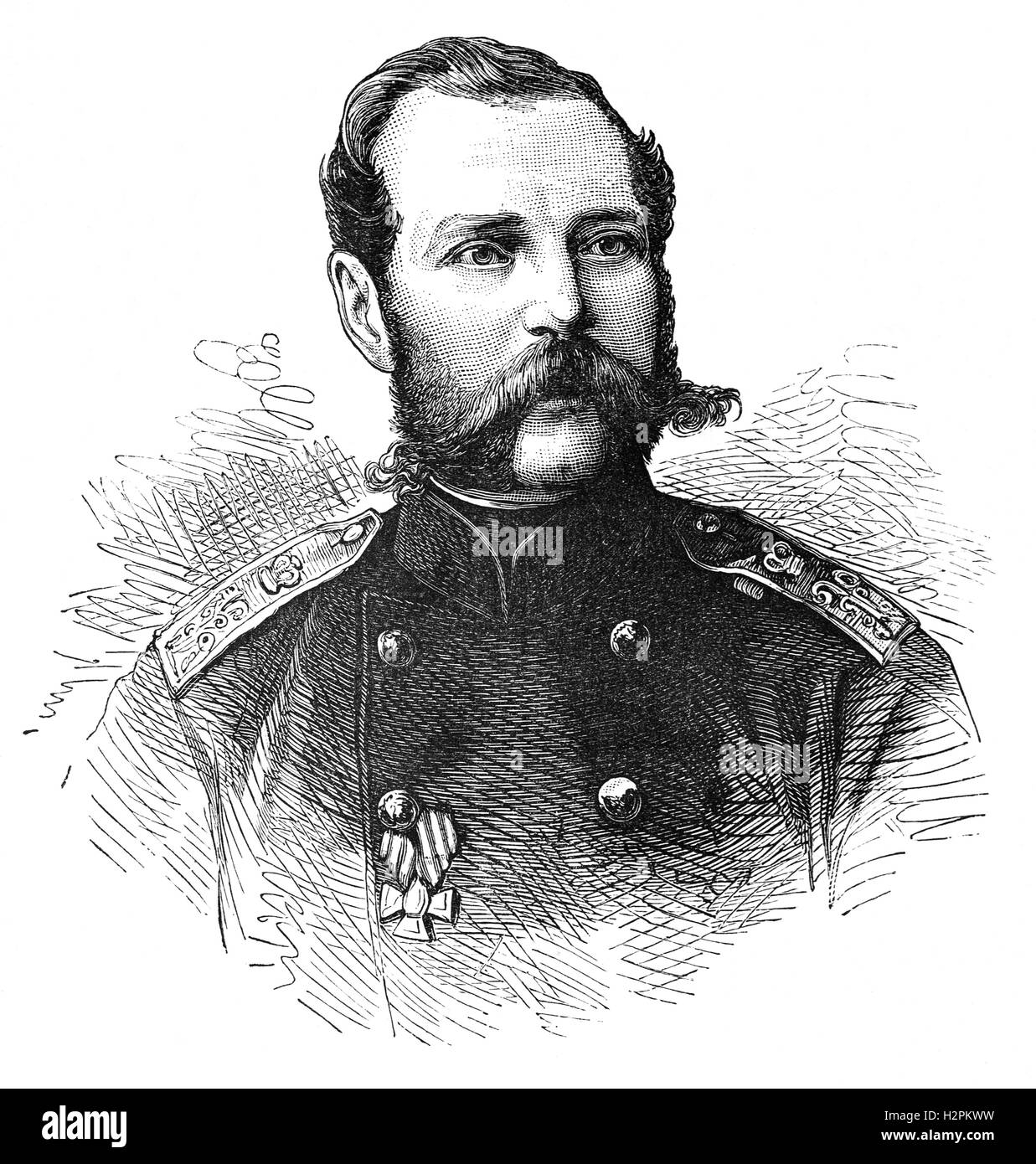 Alexander II. (1818-1881) war Kaiser von Russland von 1855 bis zu seiner Ermordung im Jahre 1881.  Seine bedeutendste Reform war die Emanzipation der Leibeigenen Russlands im Jahre 1861, für die er als Alexander den Befreier bekannt ist.  Der Zar war verantwortlich für weitere Reformen, einschließlich Reorganisation des Justizsystems, Abschaffung der Prügelstrafe, Förderung der kommunalen Selbstverwaltung, imposante universal Militärdienst, enden einige Vorrechte des Adels und Universitätsausbildung zu fördern. Stockfoto