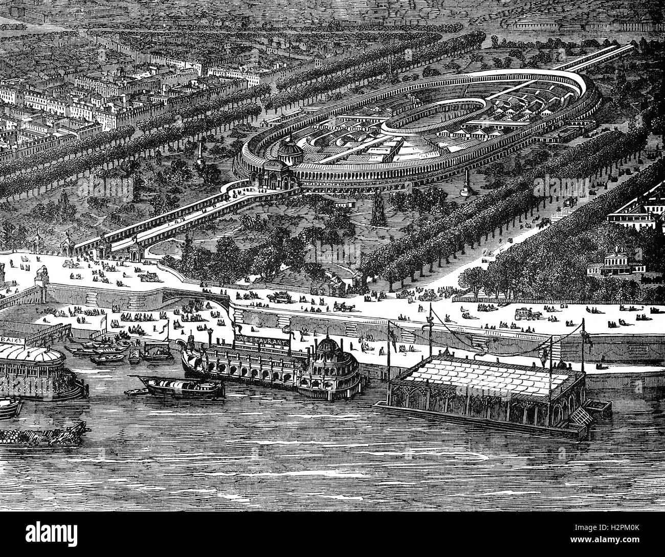 Eine Luftaufnahme von der Weltausstellung von 1867, wurde die zweite Weltausstellung in Paris stattfindenden rund 42 Nationen auf der Messe vertreten waren. Stockfoto
