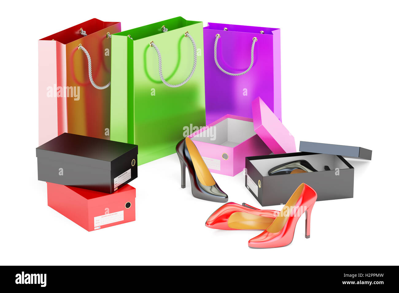 -Shopping-Konzept. Schuhe, shopping, Taschen und Schuhkartons, 3D-Rendering isolierten auf weißen Hintergrund Stockfoto