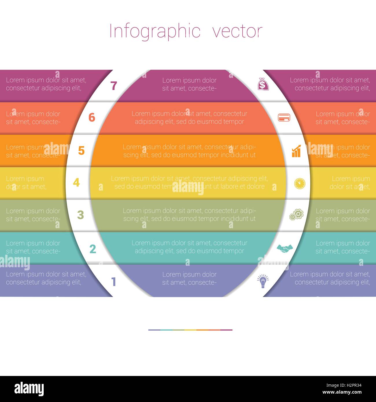 Bunte Streifen und weiße Halbkreise für Text.Template Infografik sieben Position. Bereich Diagramm Diagramm Geschäftsdaten. Stock Vektor