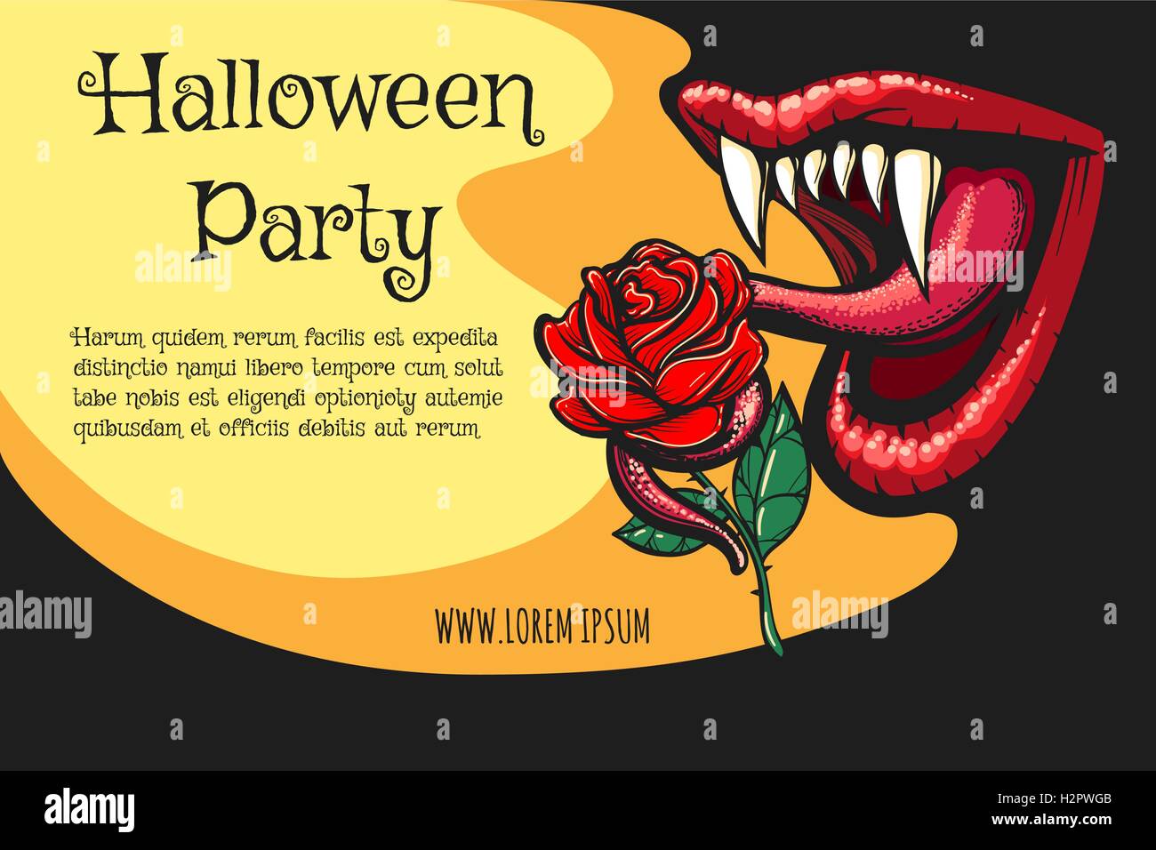 Halloween Party Poster mit offenen Vampir Mund und schwarze rose Blume. Vektor-Illustration. Stock Vektor