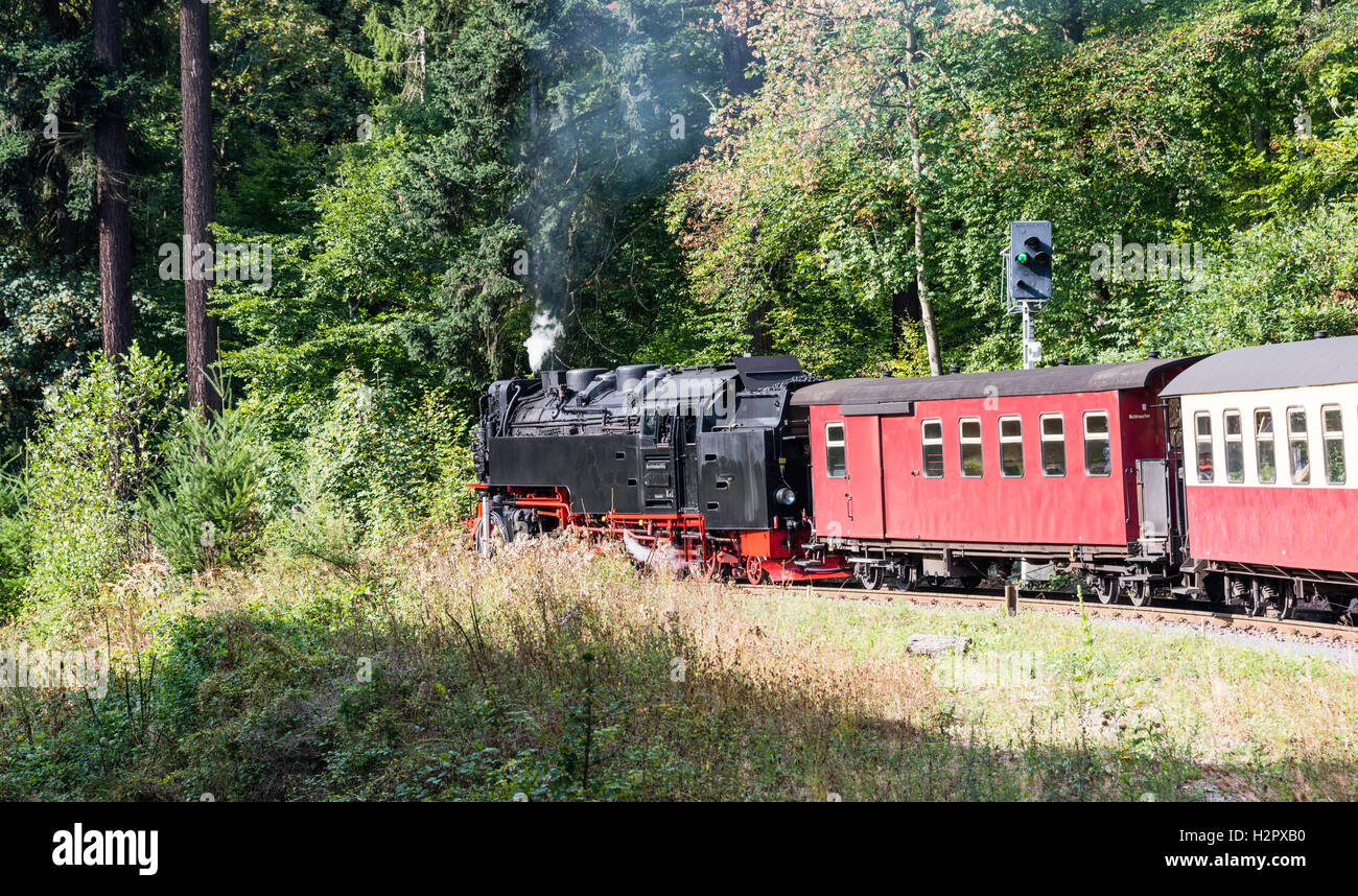 Schmalspur-Dampflok aus Brocken zu Werningerode. Die Züge zum Brocken Berg sind bei Touristen beliebt und betreiben Stockfoto