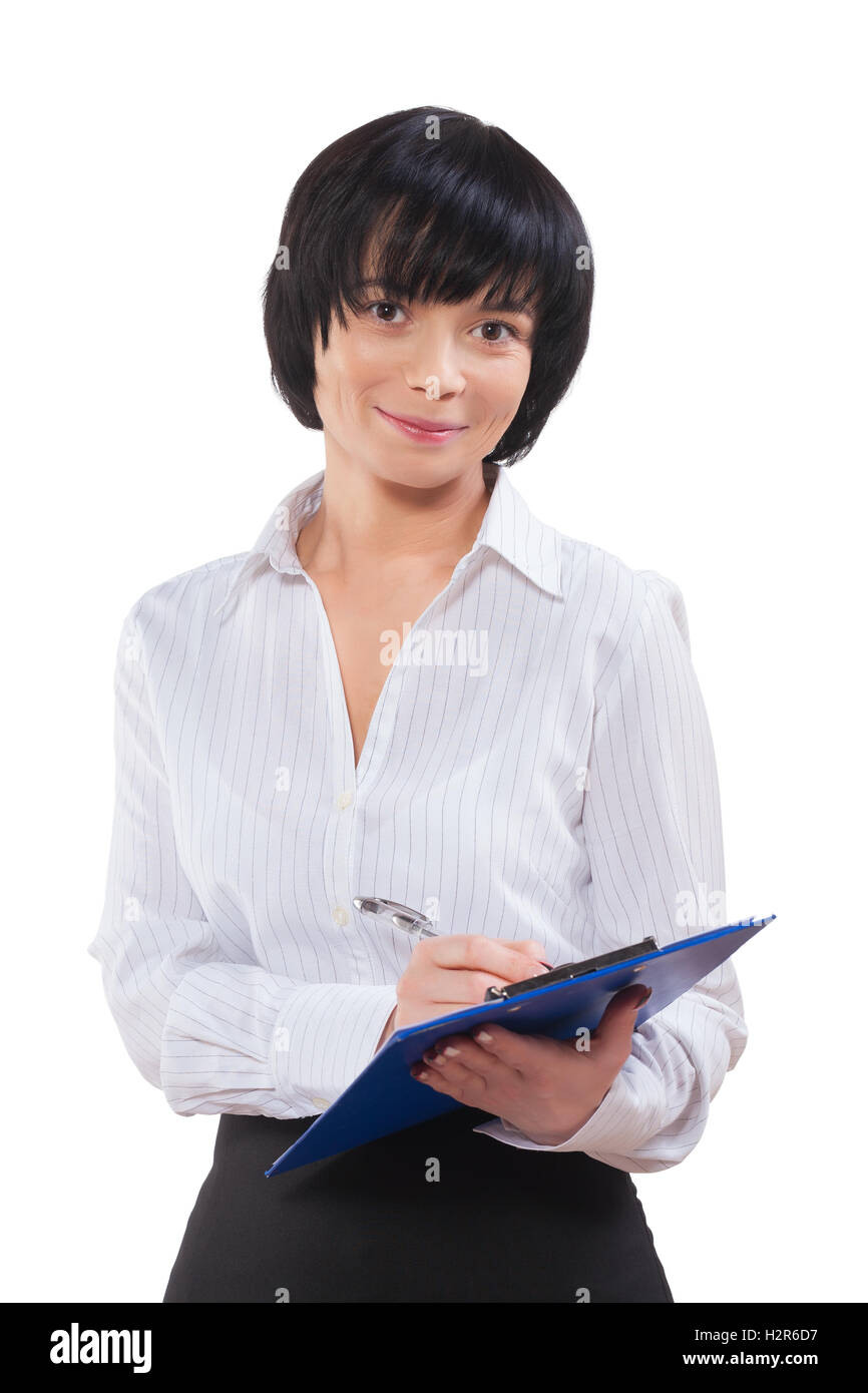 asiatische Geschäftsfrau trägt weißen Bluse in Zwischenablage zu schreiben ist Stockfoto