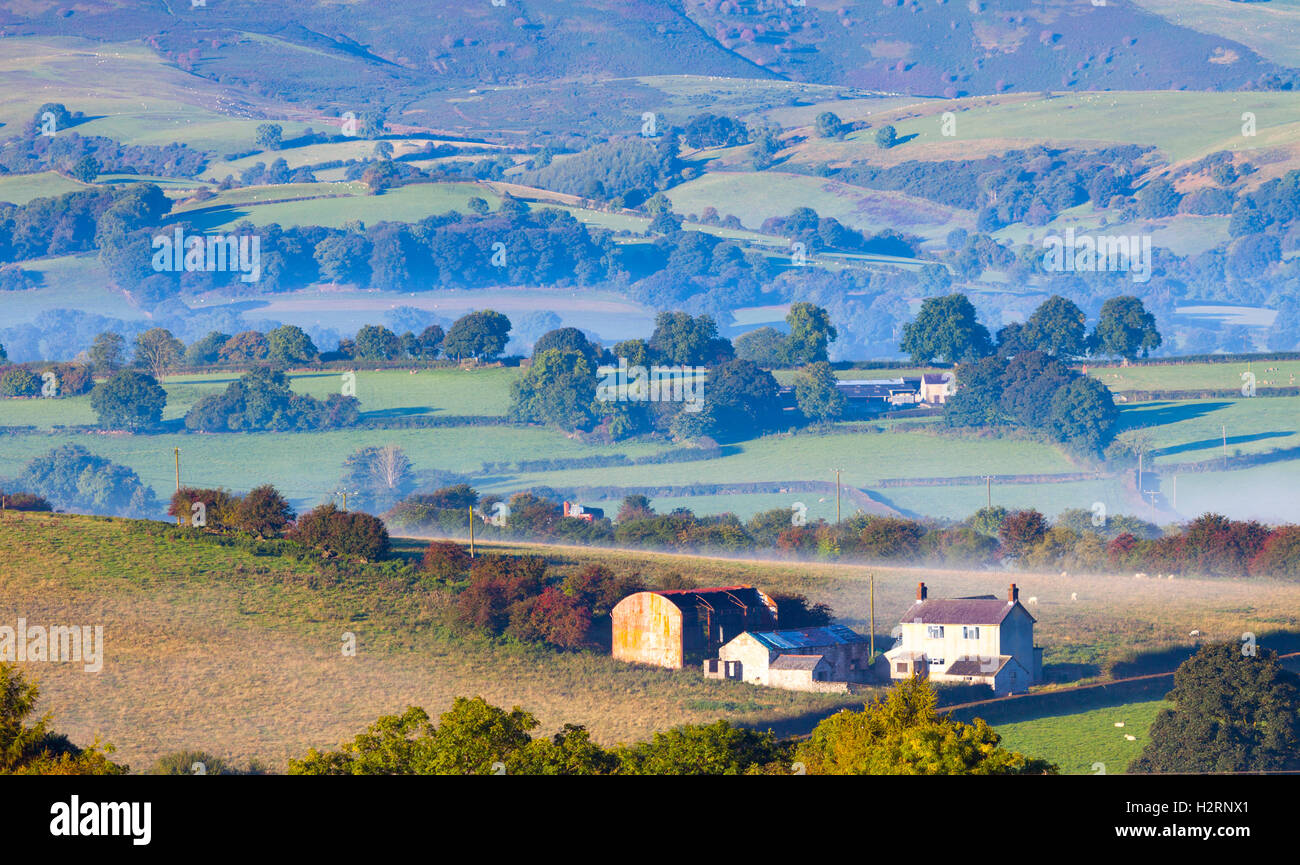 Ein Häuschen im ländlichen Dorf von Rhesus-y-Cae ist umgeben von Morgen Nebel wie eine Umkehrung nimmt halten Sie in der Gegend, Flintshire, Wales, UK Stockfoto