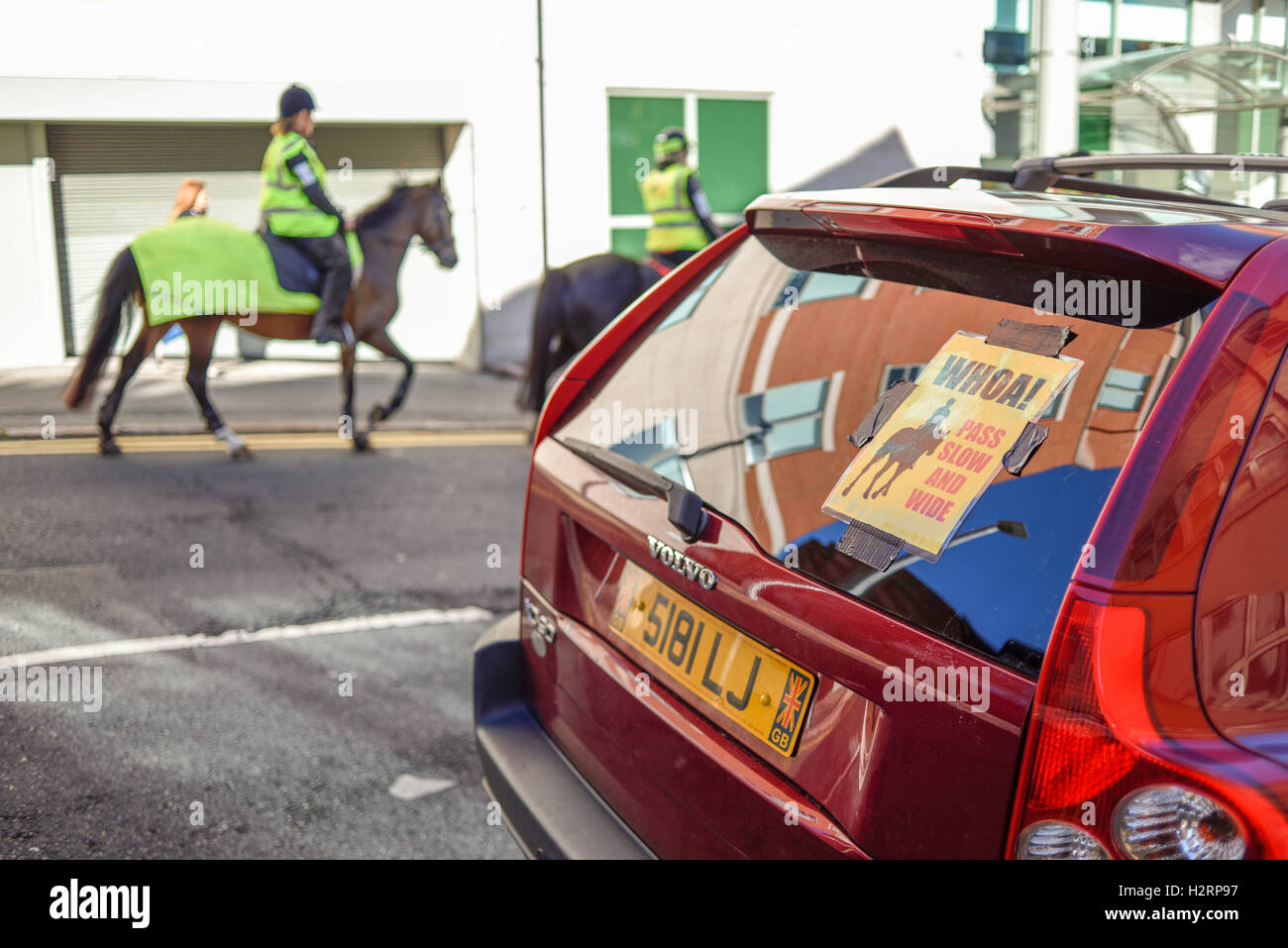 Nottingham, UK, 2. Oktober 2016: rund 150 Reiter nahmen Teil an einer Demonstration in Nottingham Stadtzentrum heute Morgen. Die machen es recht Kampagne soll das Bewusstsein für Fahrer über die Gefahren von zu schnell fahren oder laut rund um Pferde, die leicht erschreckt werden können. Sie möchten 15 km/h Höchstgeschwindigkeit auf öffentlichen Straßen vorbei, beim Reiter und ihre Pferde zu übergeben. Stockfoto