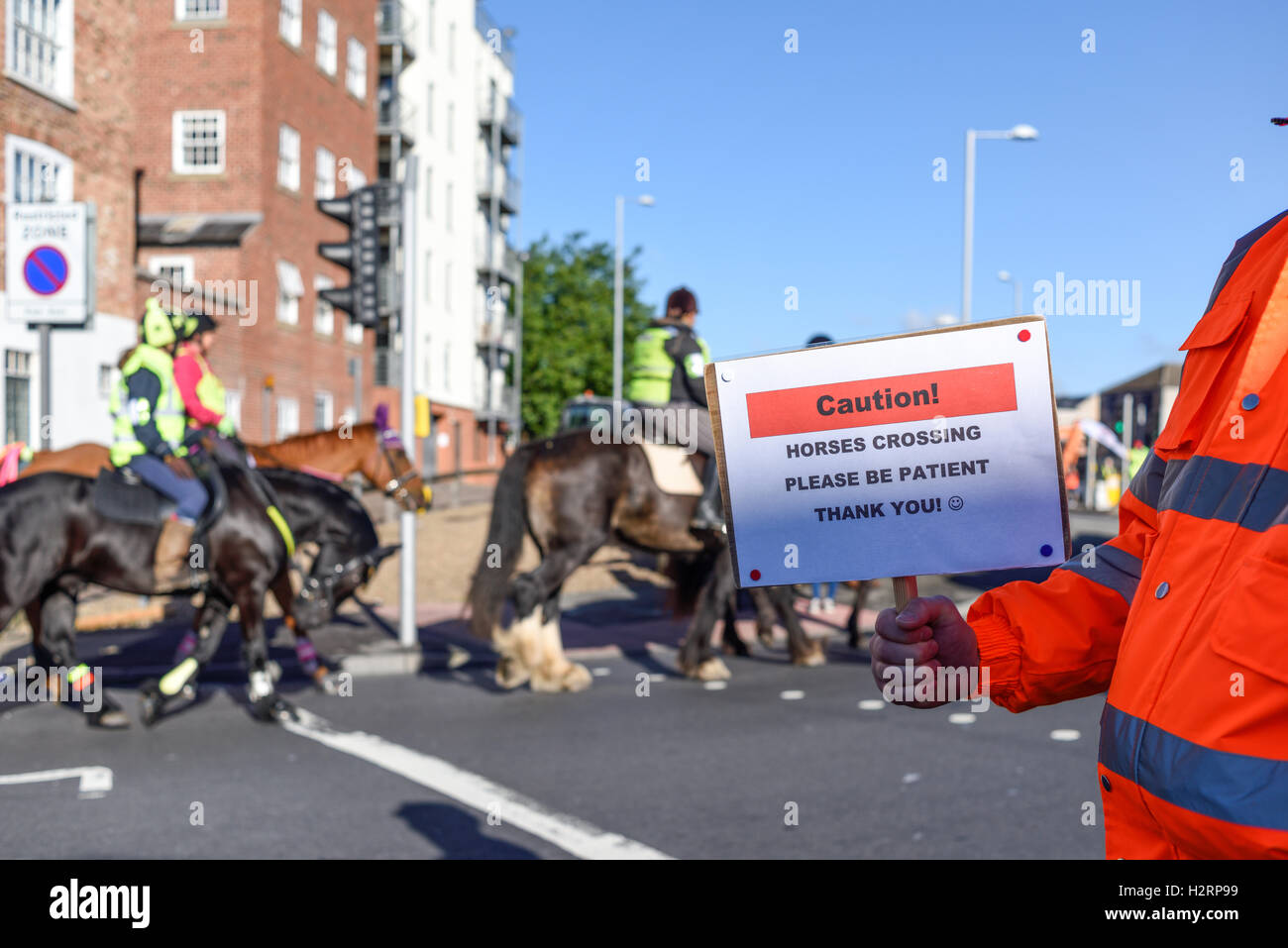 Nottingham, UK, 2. Oktober 2016: rund 150 Reiter nahmen Teil an einer Demonstration in Nottingham Stadtzentrum heute Morgen. Die machen es recht Kampagne soll das Bewusstsein für Fahrer über die Gefahren von zu schnell fahren oder laut rund um Pferde, die leicht erschreckt werden können. Sie möchten 15 km/h Höchstgeschwindigkeit auf öffentlichen Straßen vorbei, beim Reiter und ihre Pferde zu übergeben. Stockfoto