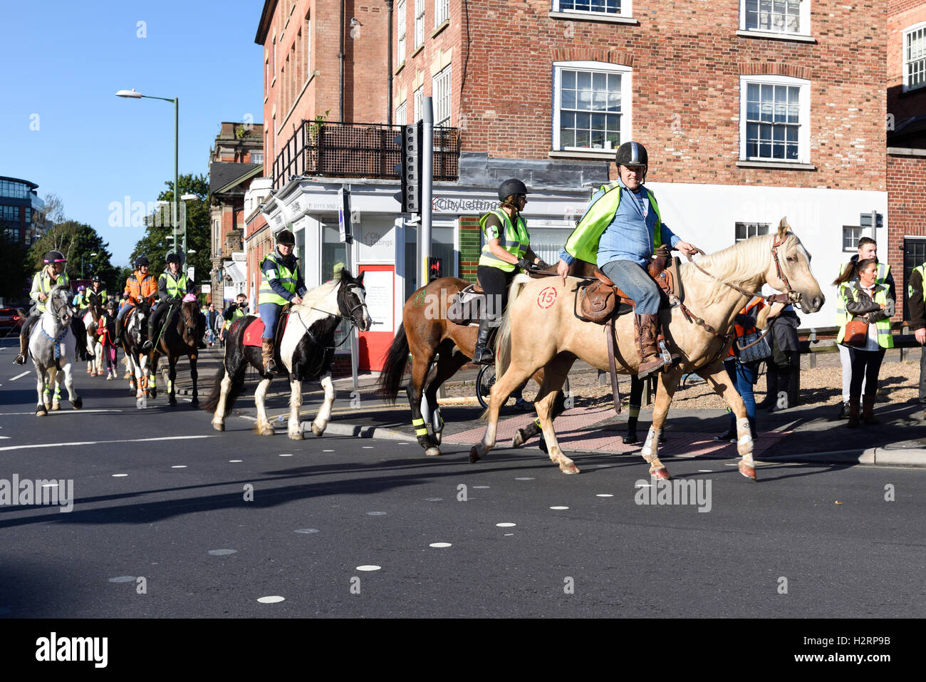 Nottingham, UK, 2. Oktober 2016: rund 150 Reiter nahmen Teil an einer Demonstration in Nottingham Stadtzentrum heute Morgen. Die machen es recht Kampagne soll das Bewusstsein für Fahrer über die Gefahren von zu schnell fahren oder laut rund um Pferde, die leicht erschreckt werden können. Sie möchten 15 km/h Höchstgeschwindigkeit auf öffentlichen Straßen vorbei, beim Reiter und ihre Pferde zu übergeben. Stockfoto