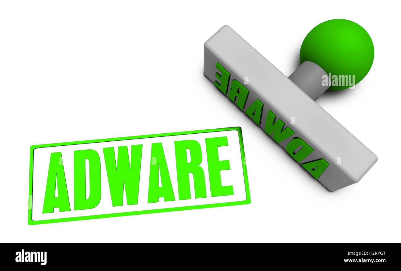 Adware-Stempel oder hacken auf Papier-Konzept in 3d Stockfoto