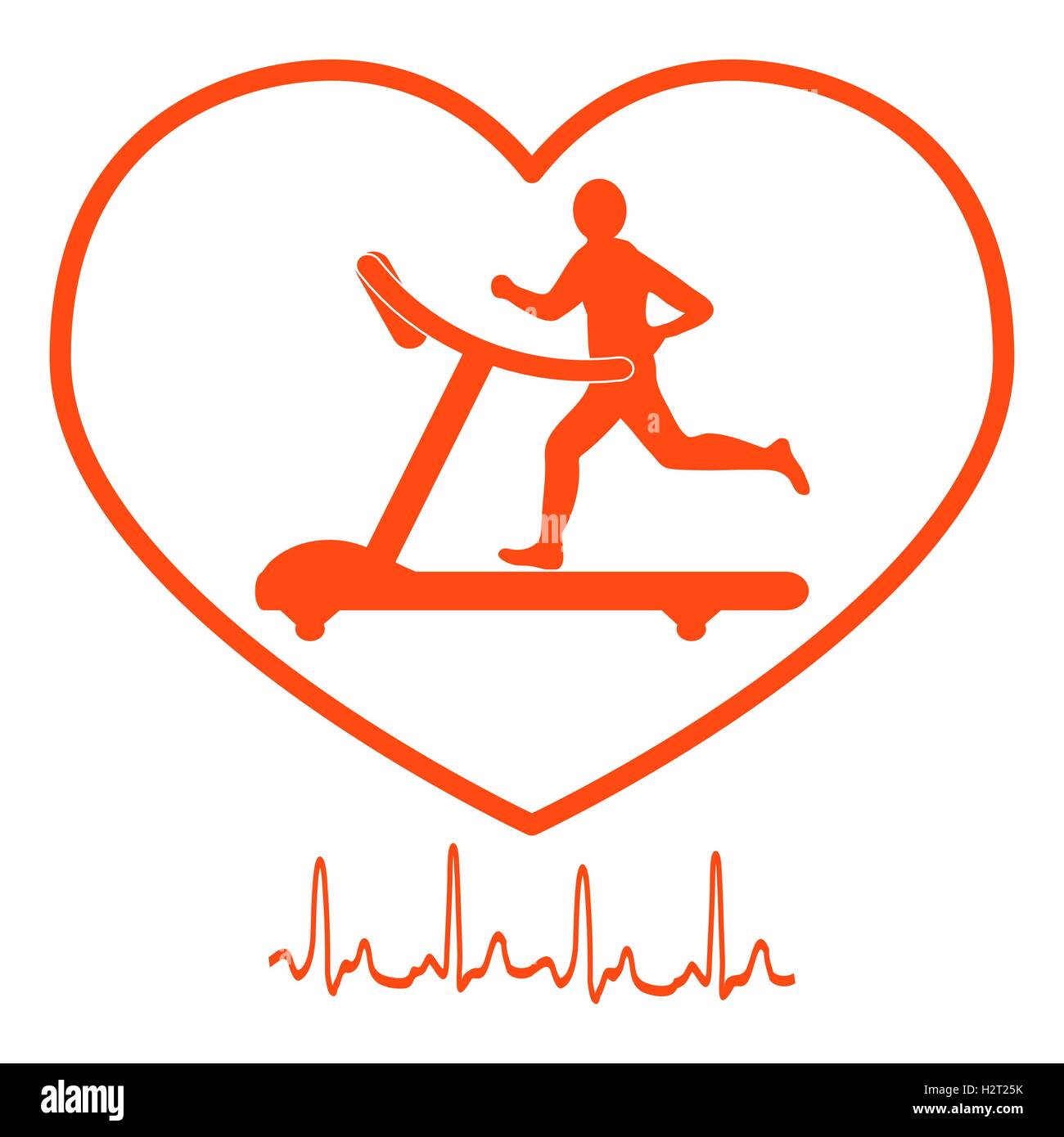 Stilisierte Ikone des Mannes Joggen auf einem Laufband im Rahmen der Herz-Symbol und Herzrhythmus auf weißem Hintergrund Stock Vektor