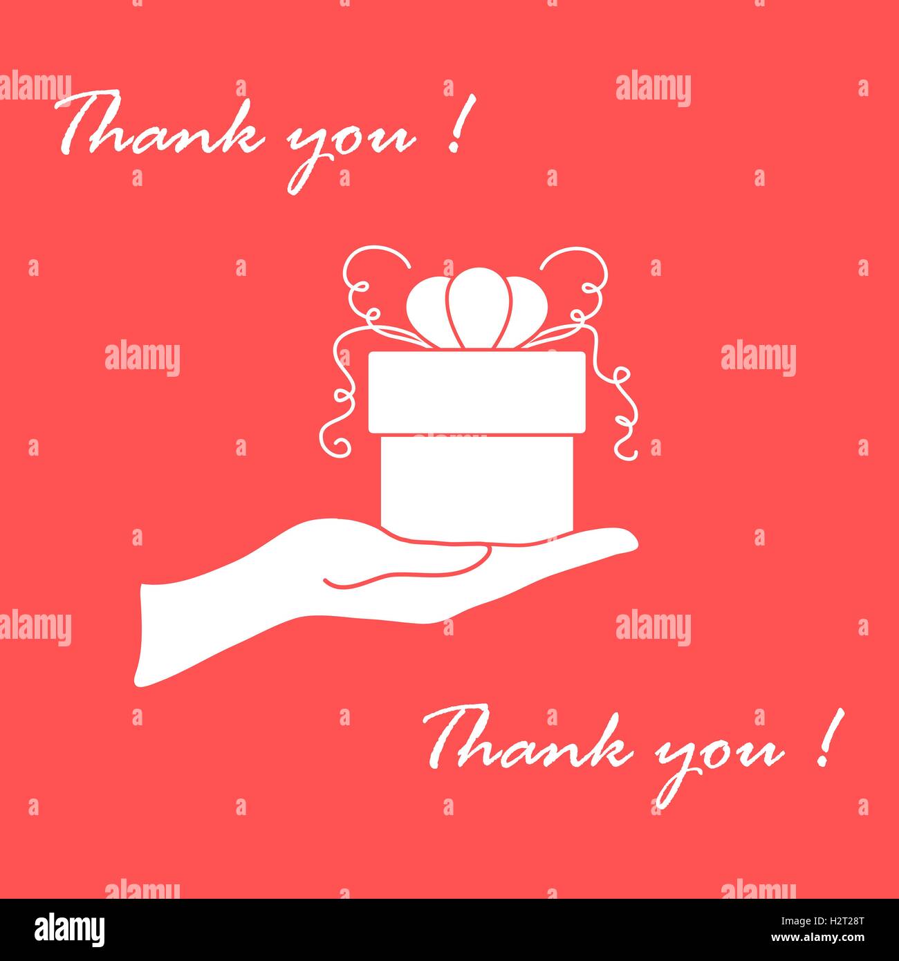 Niedliche Bild mit Hand, ein Geschenk und eine Inschrift: Ich danke Ihnen auf einem farbigen Hintergrund. Stock Vektor